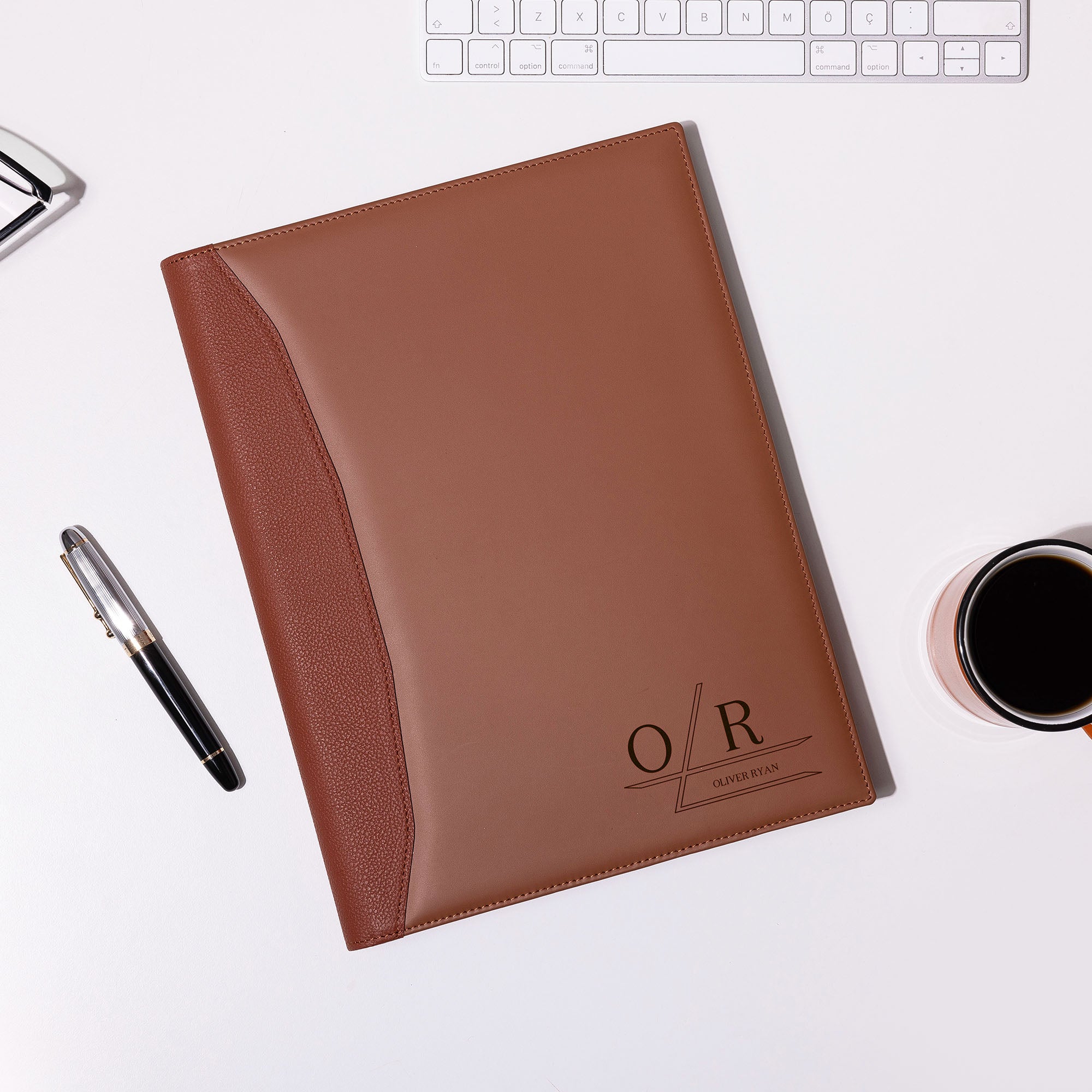 Custom Brown Leather A4 padfolio on the desk