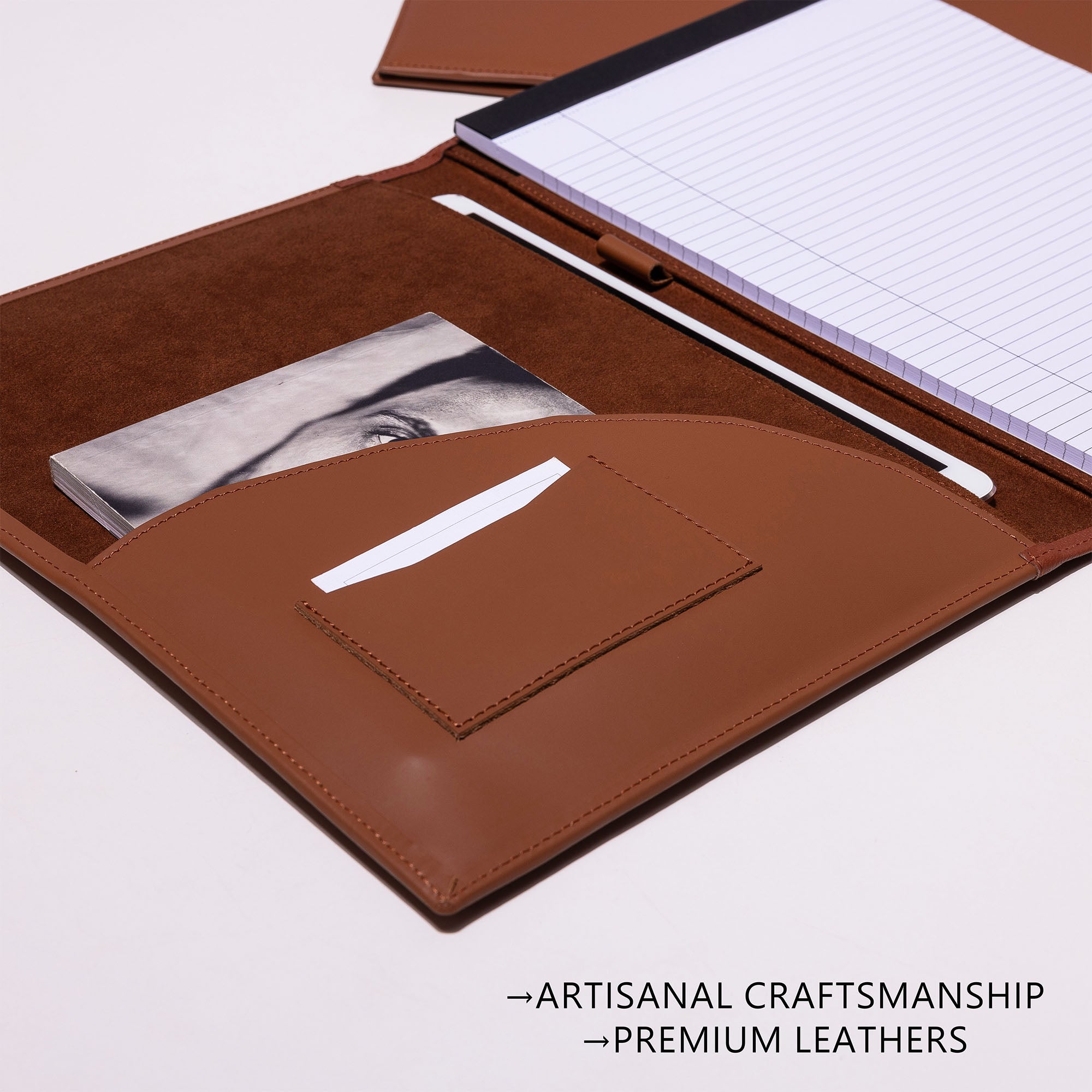 Custom Brown Leather A4 padfolio organizer on the desk
