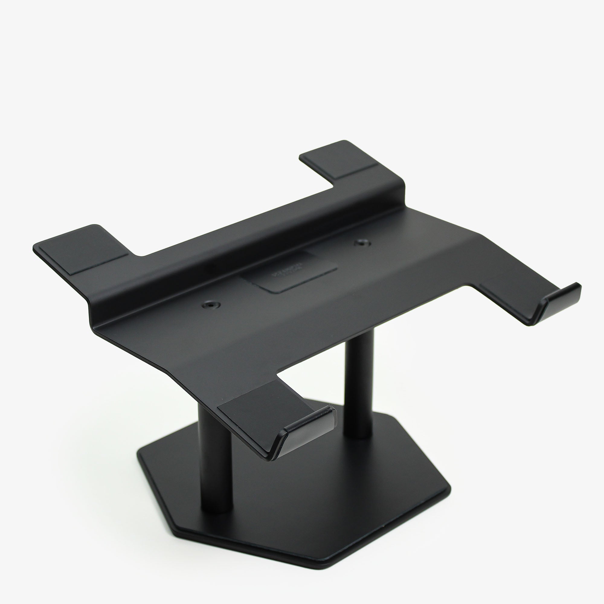 Side angle showing the ergonomic tilt of the black laptop stand