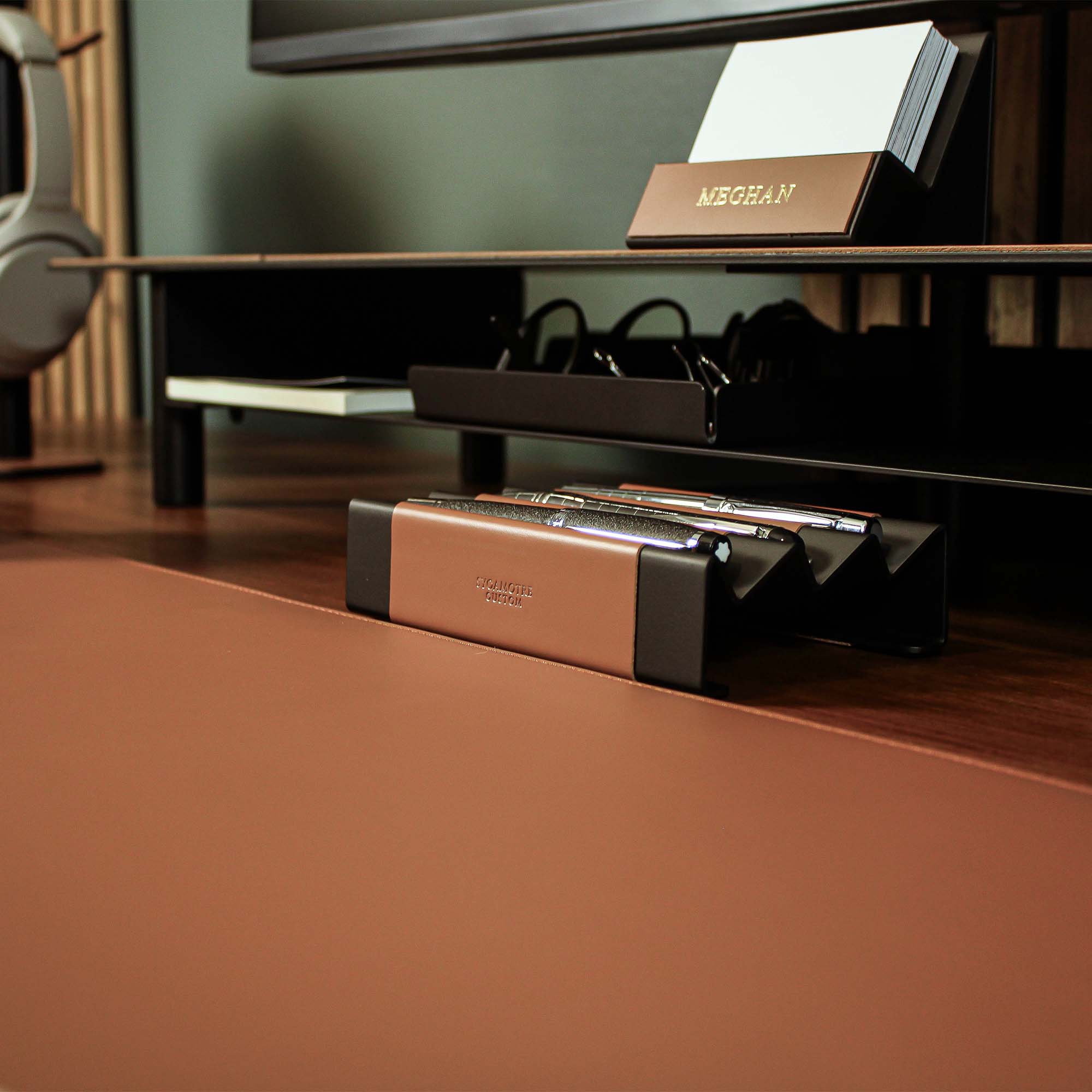 Minimalist workspace setup featuring the chestnut pen tray