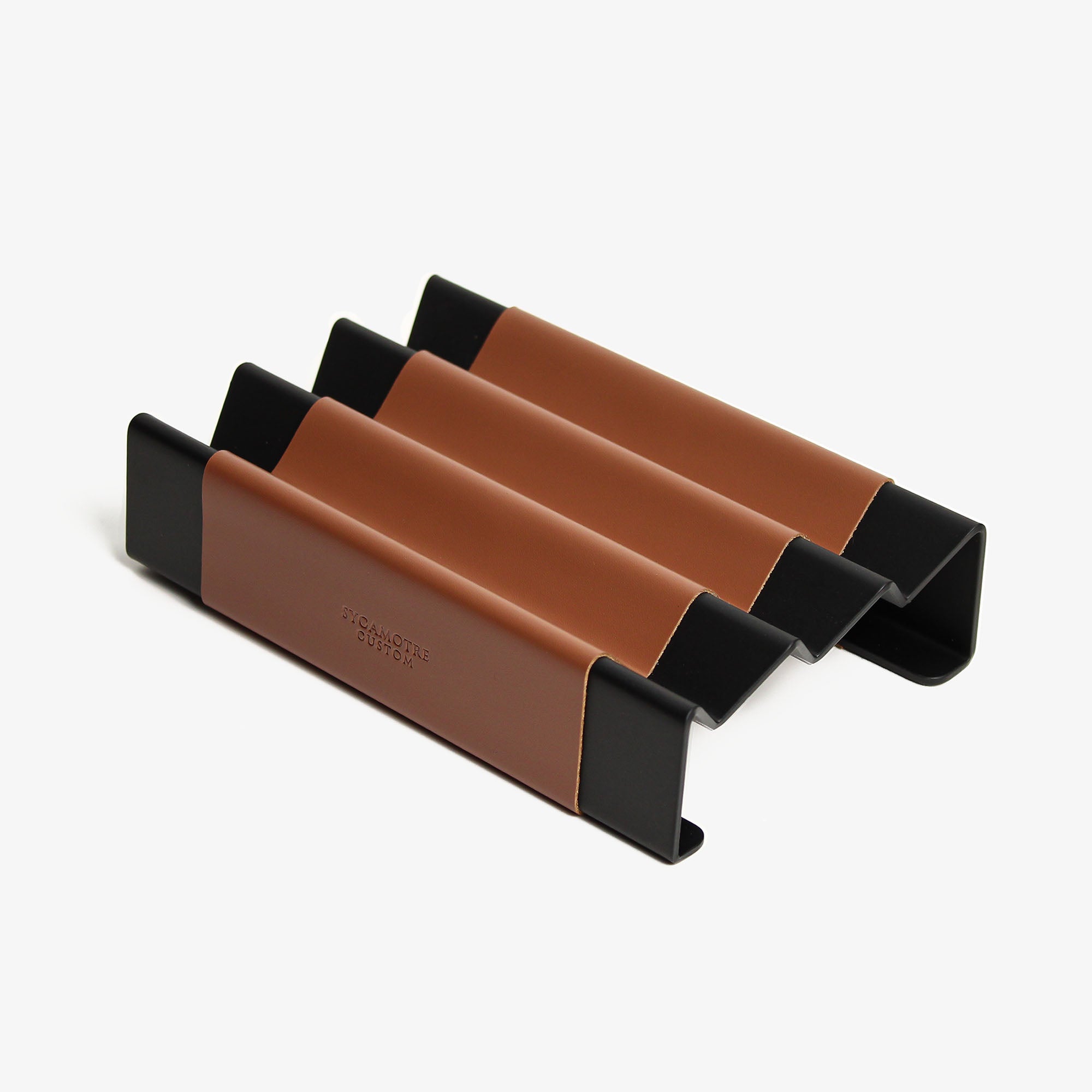 Front view showing the shape and finish of the chestnut pen tray