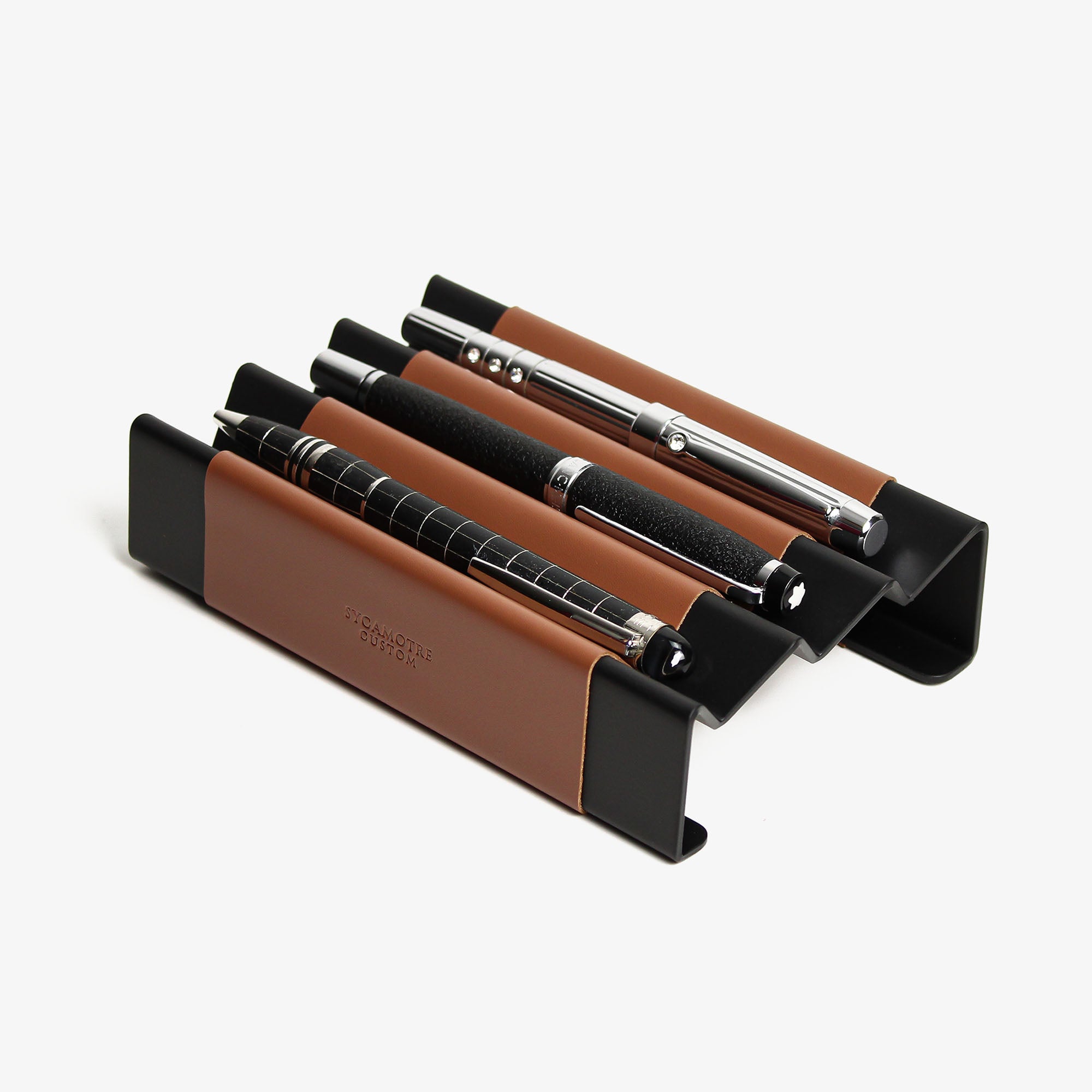 Front view showing the shape and finish of the chestnut pen tray