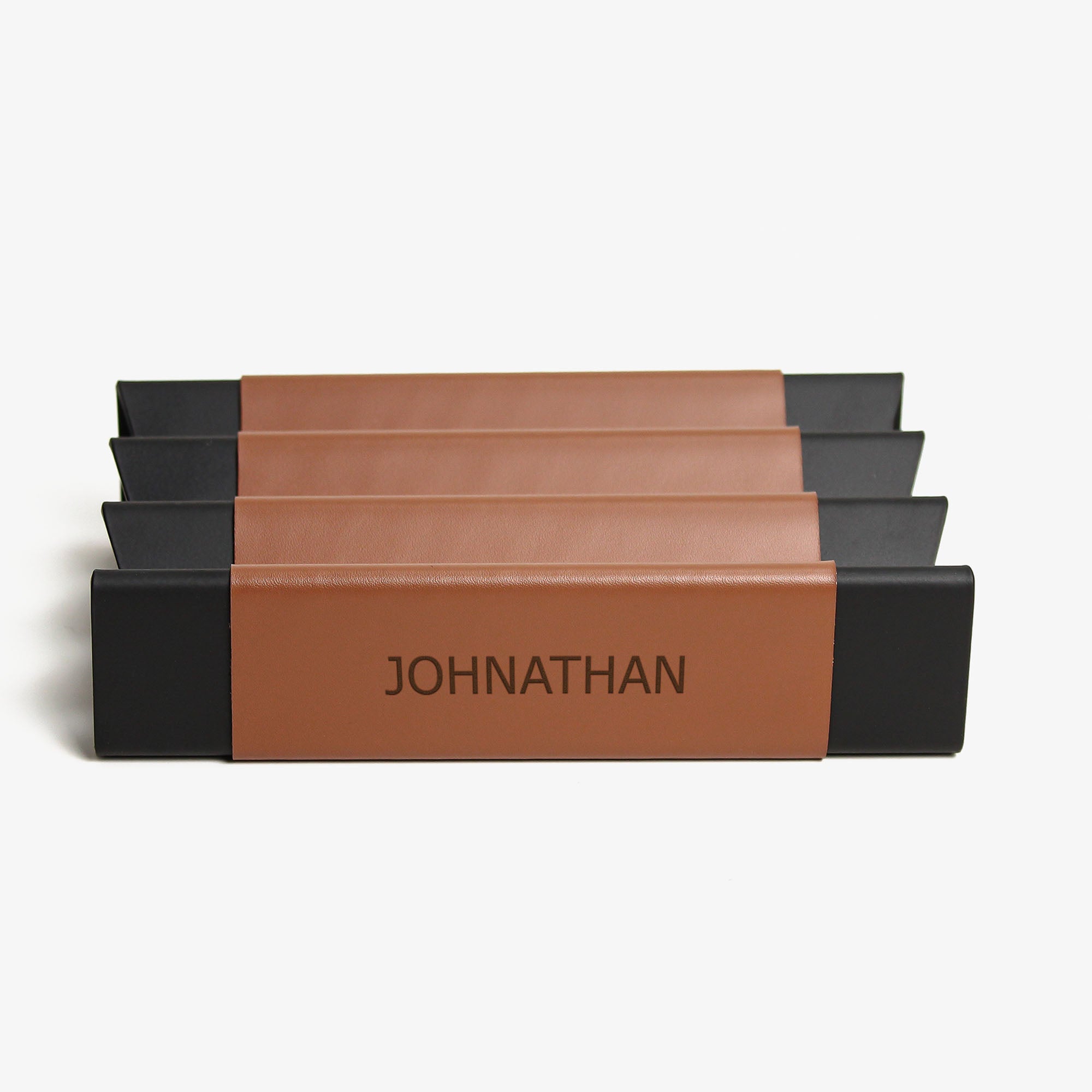 Front view showing the shape and finish of the chestnut pen tray