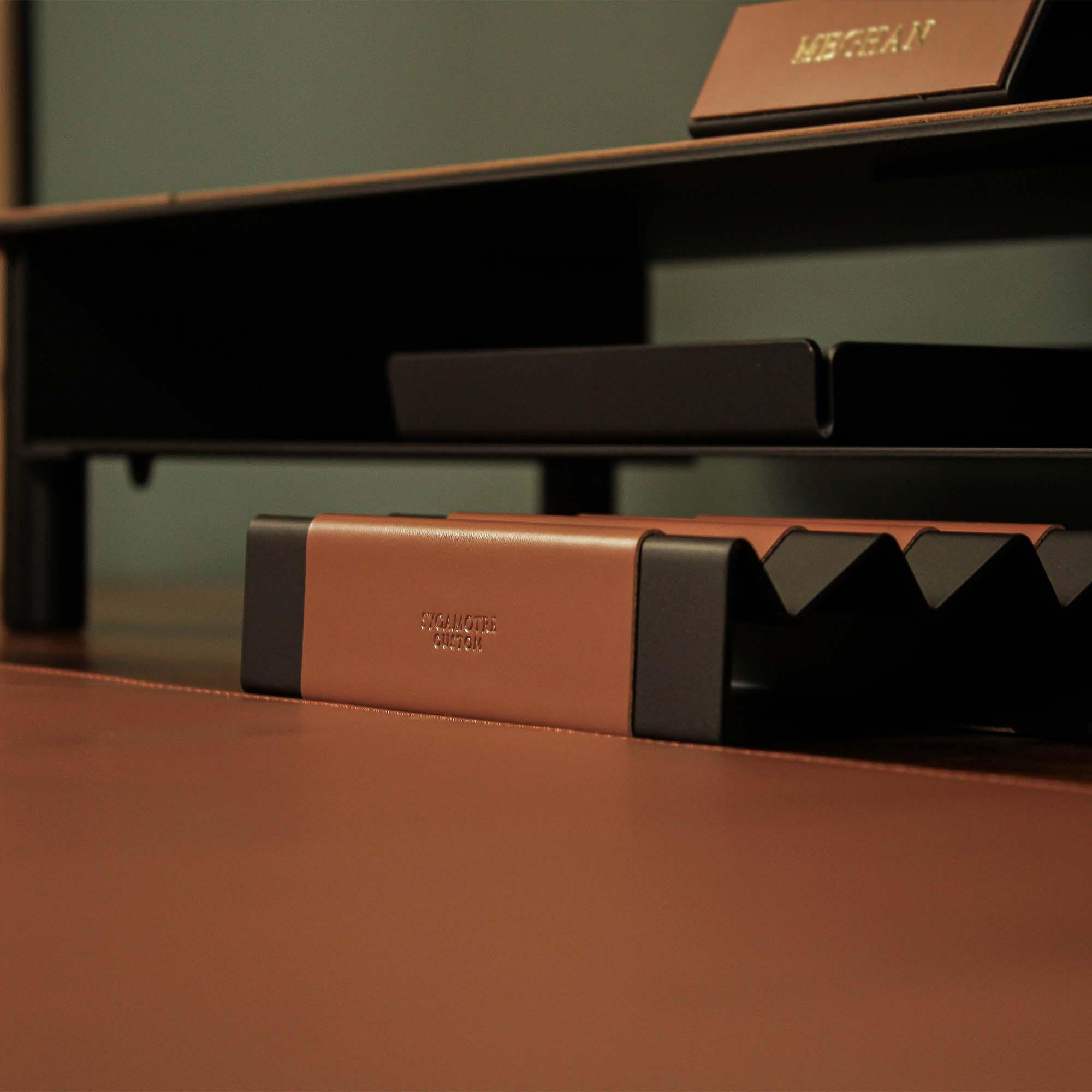 Minimalist workspace setup featuring the chestnut pen tray