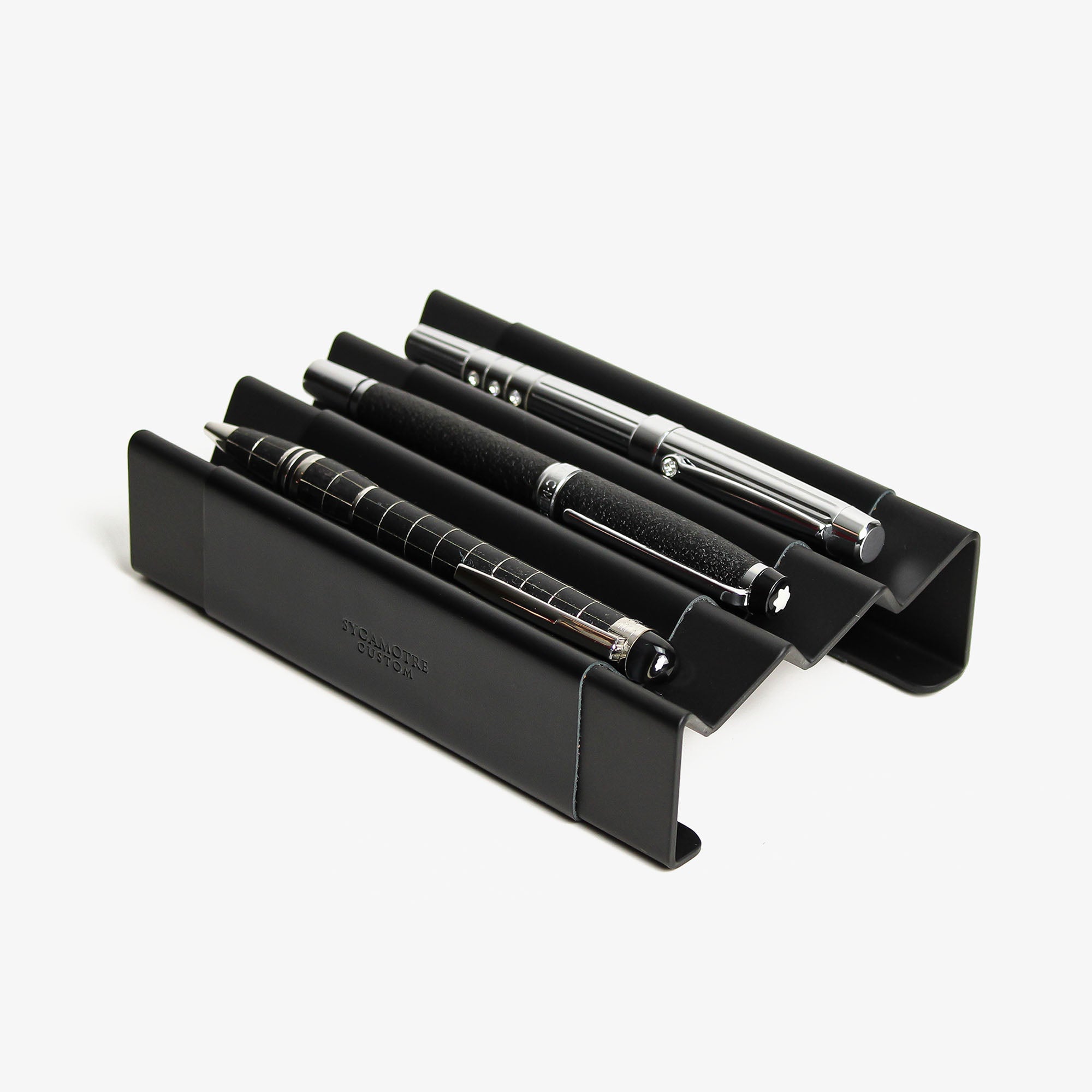 Side angle showing the depth and detail of the black pen tray