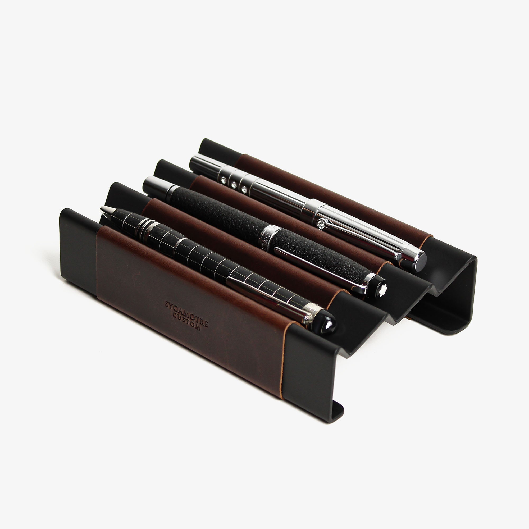 Side angle showing the depth and detail of the crazy-chestnut pen tray #color_crazy-chestnut