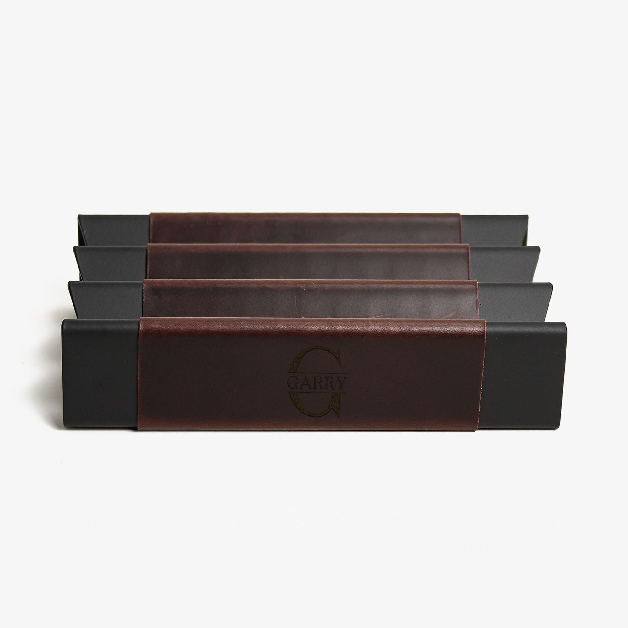 Front view showing the shape and finish of the crazy-chestnut pen tray