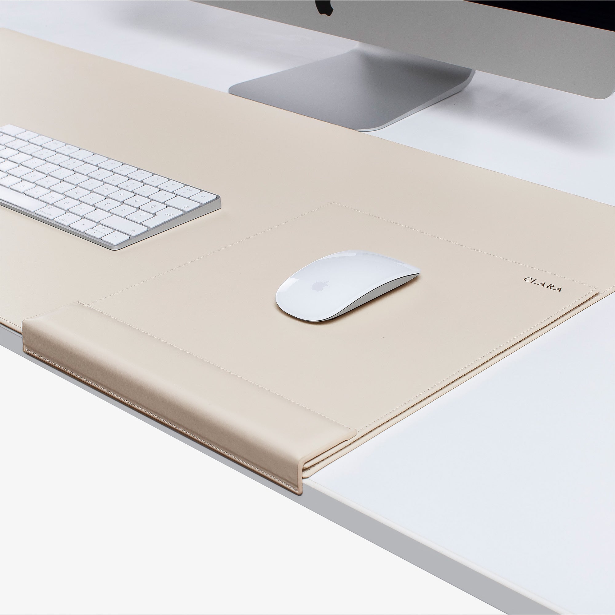 White Leather desk mat with wrist support