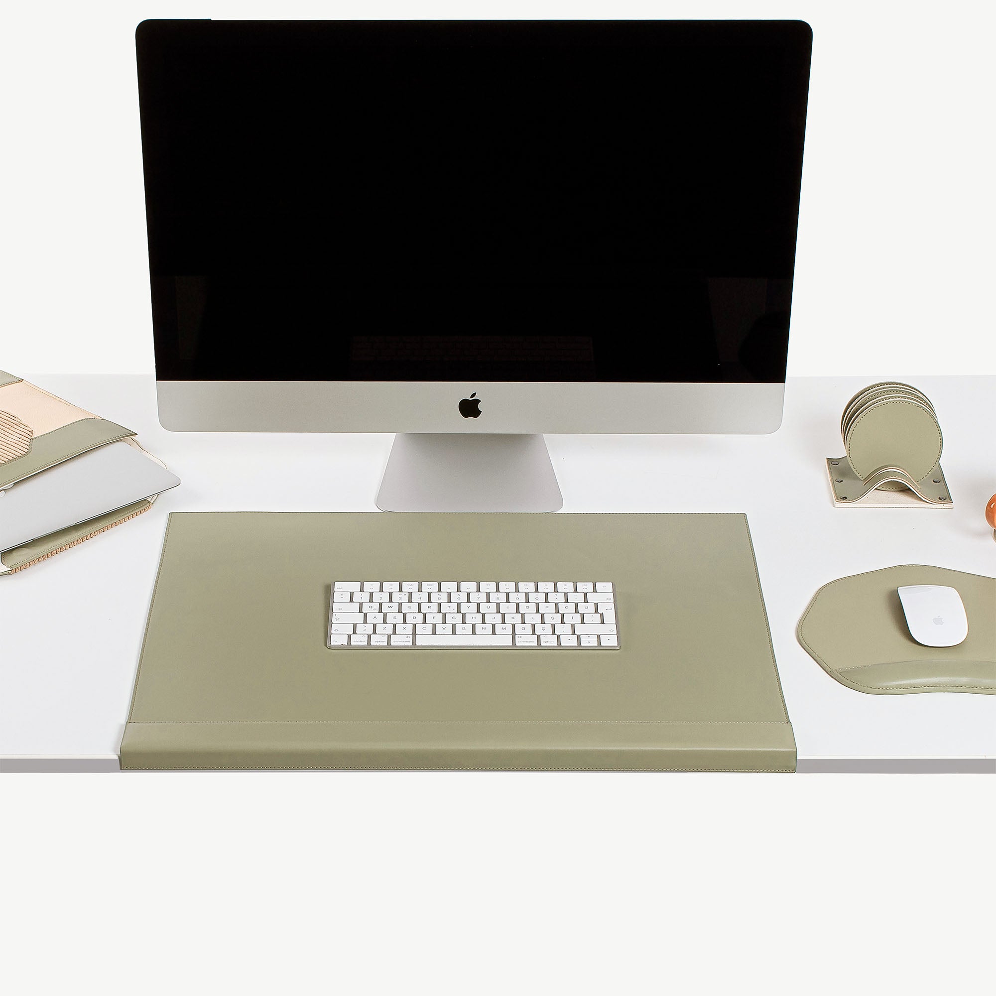 green Leather desk mat with wrist support