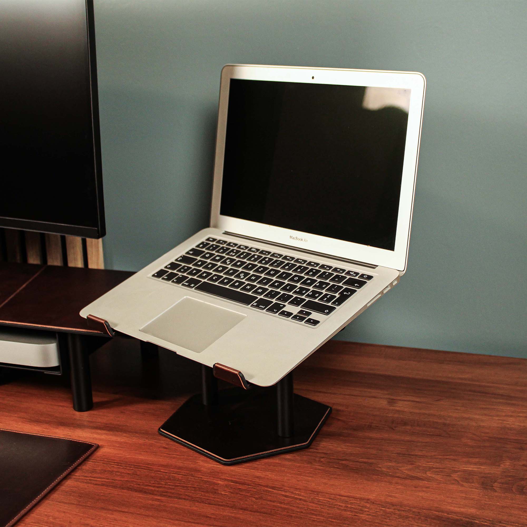 Close-up of the padded base of the crazy-chestnut laptop riser for desk protection