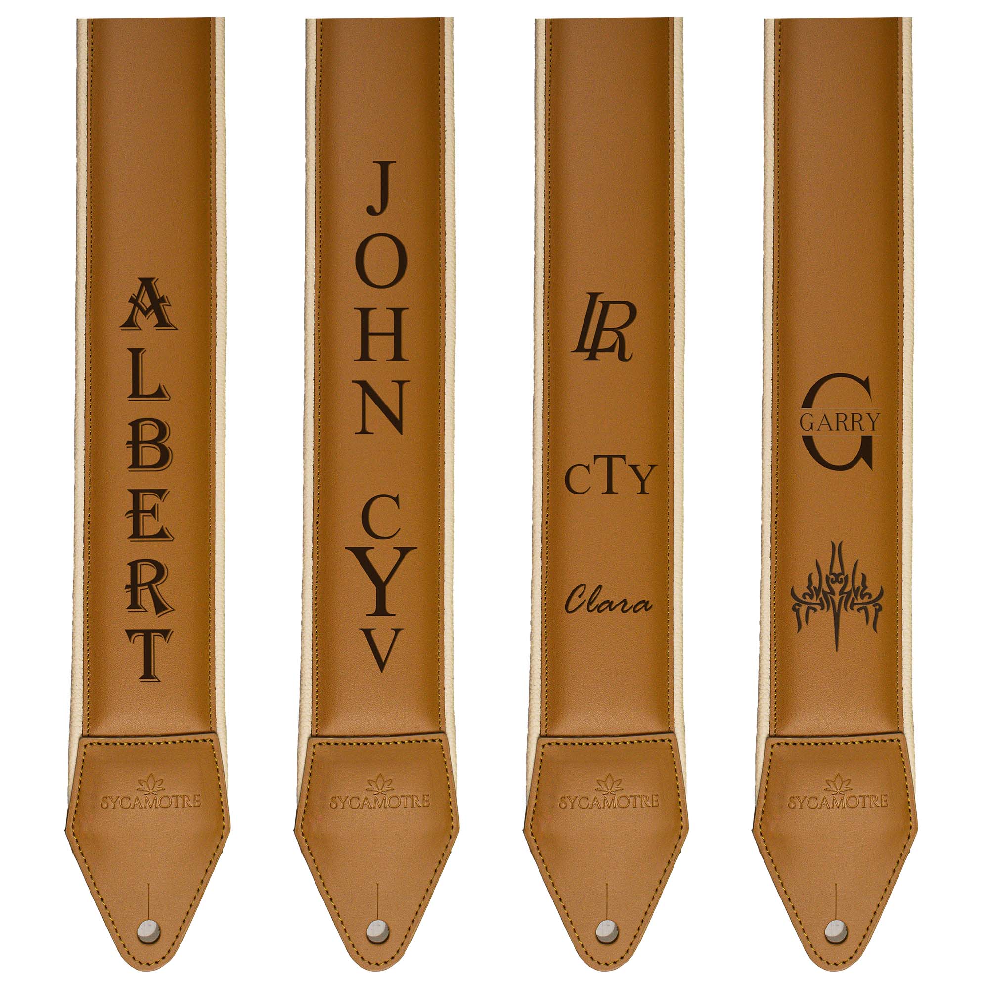 examples of personalized logo and engraving on leather guitar strap