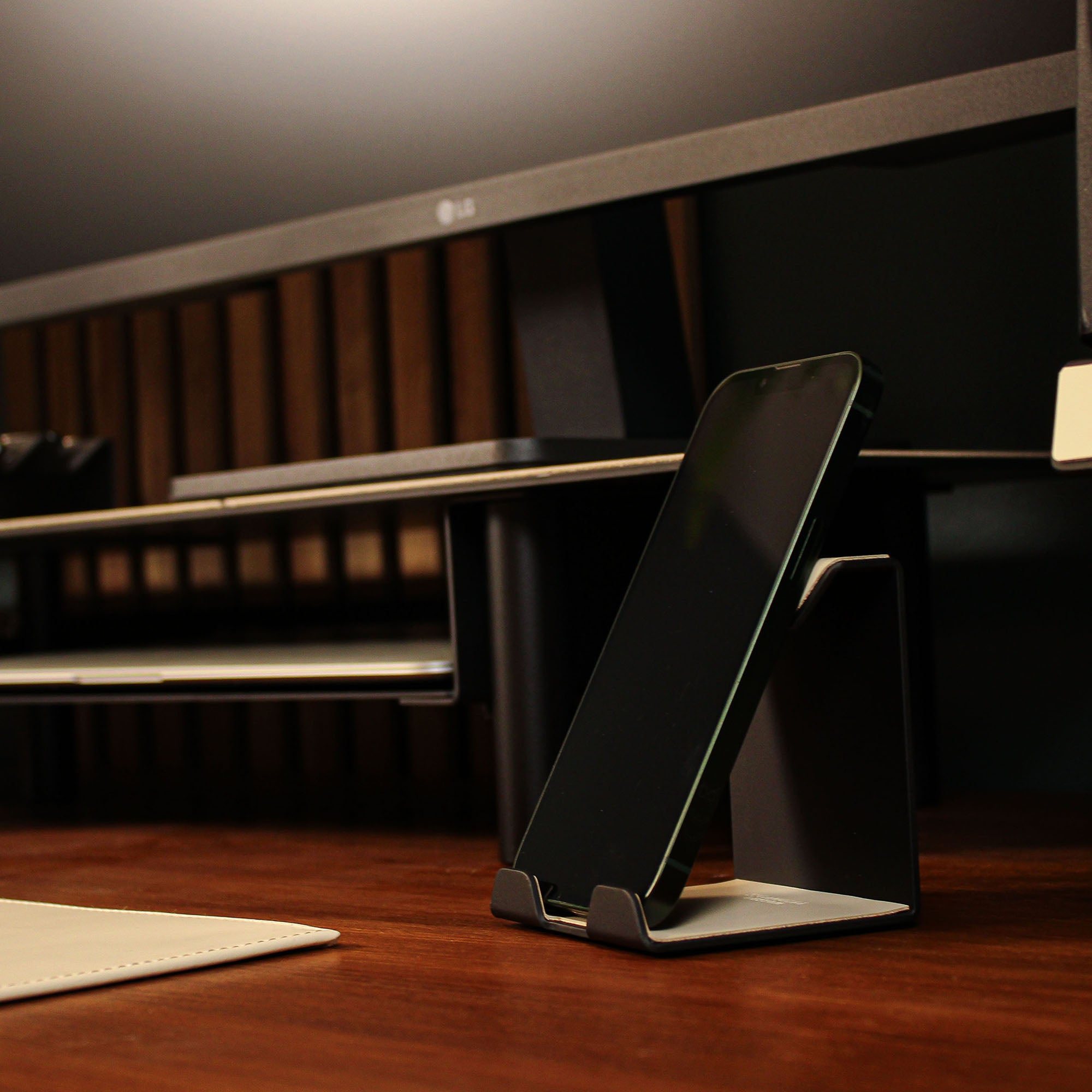 Metal Mobile Phone Stand with leather overlay