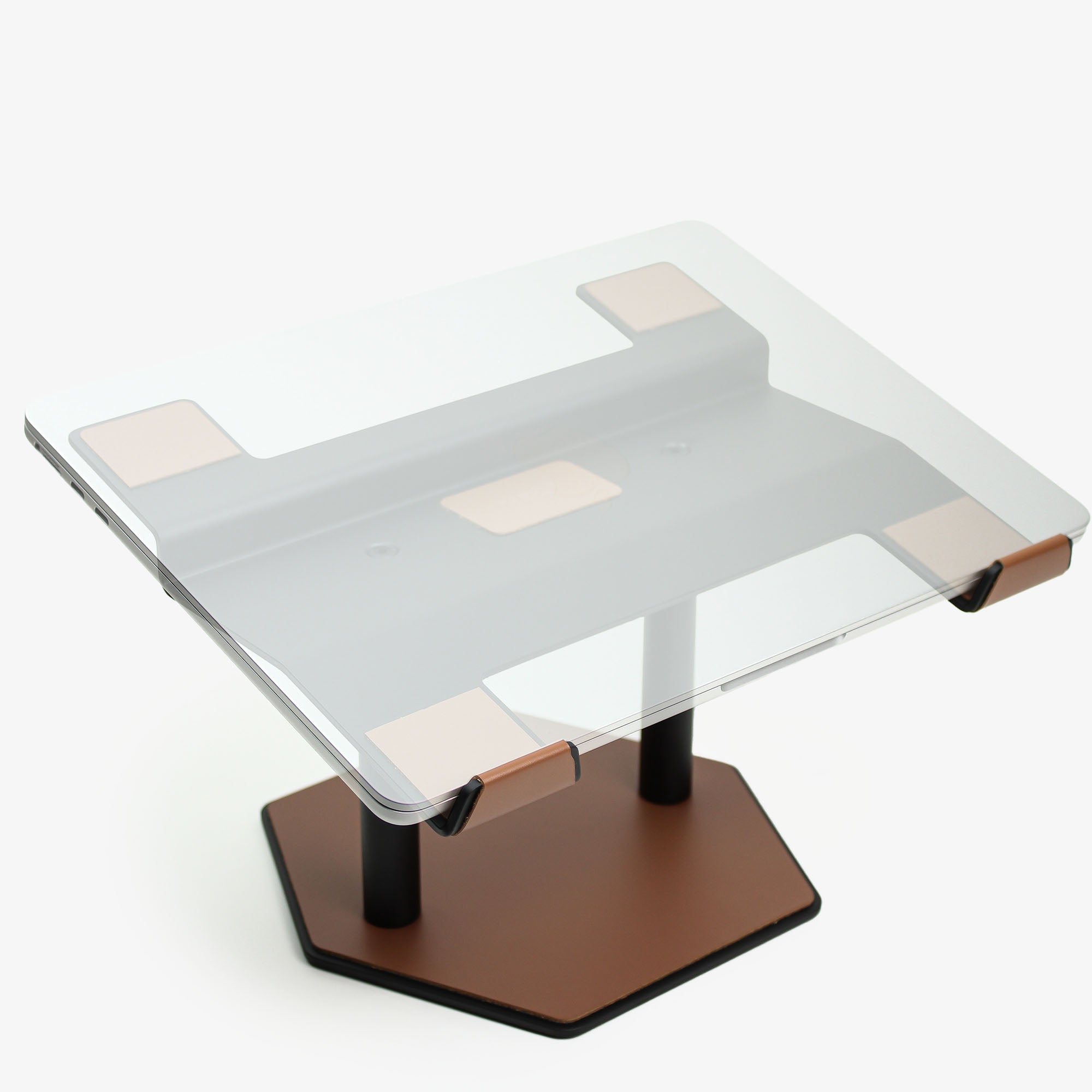 Side angle showing the ergonomic tilt of the chestnut laptop stand