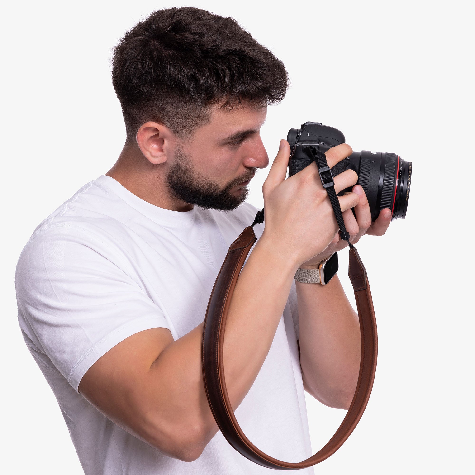 Model using Brown Personalized Leather Camera Strap With Comfortable padded and adjustable design