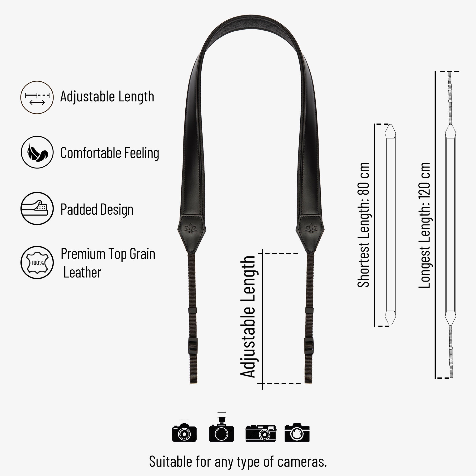 Black Personalized Padded Leather Camera Strap comfortable features