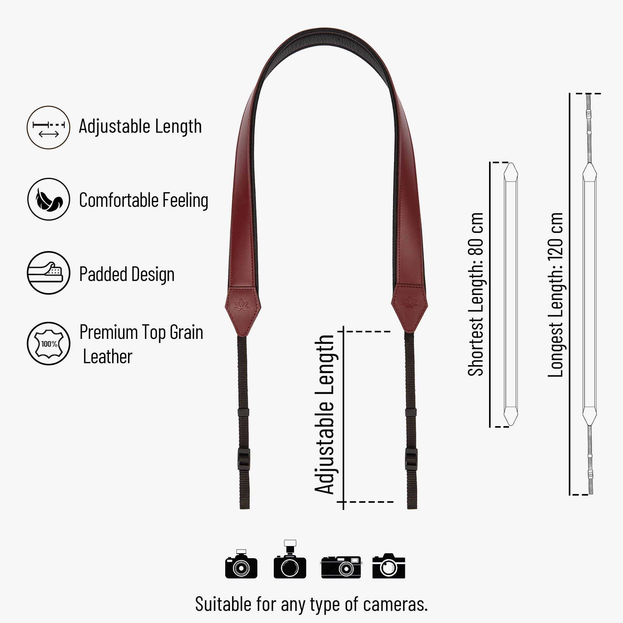 Red Personalized Padded Leather Camera Strap comfortable adjustable