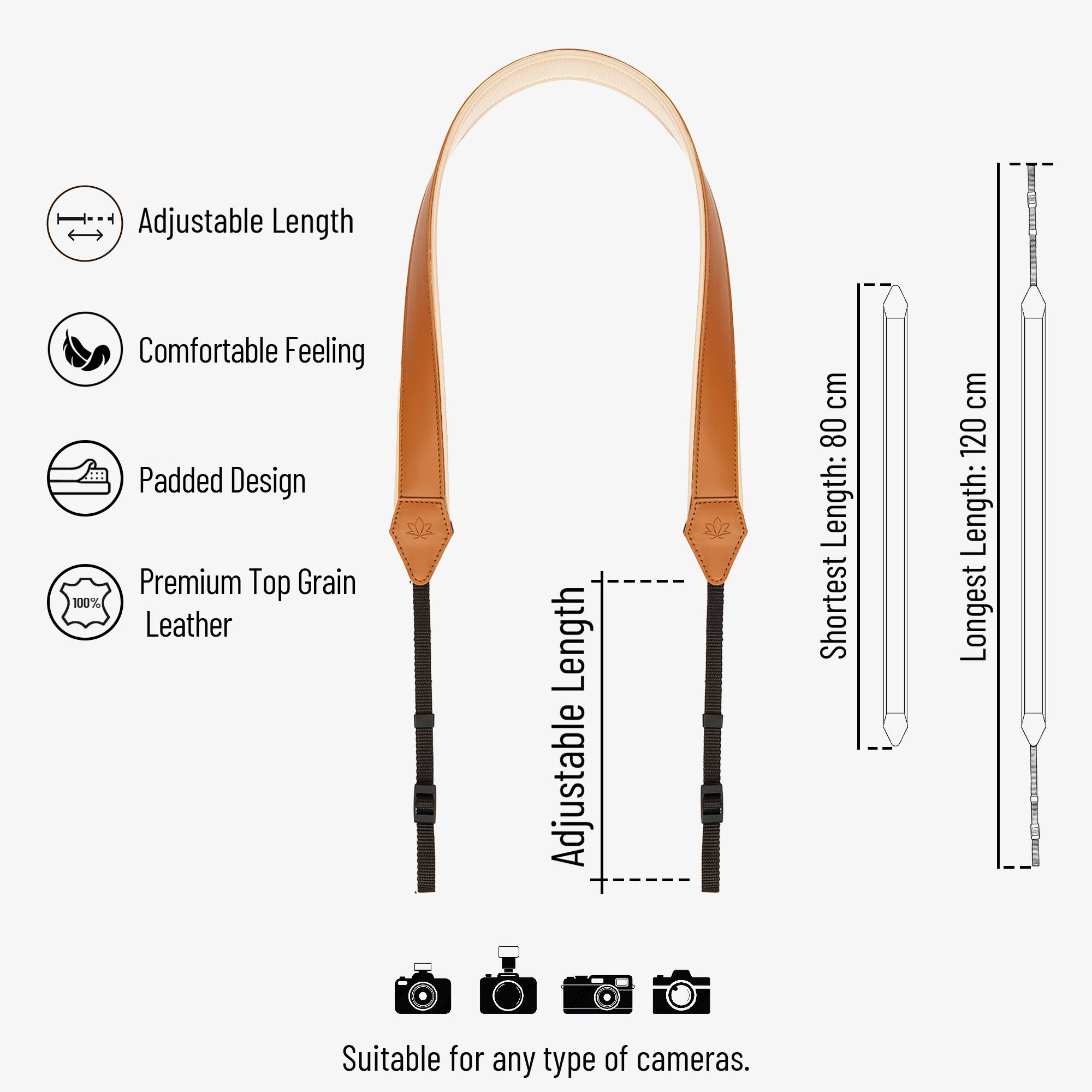 Brown Personalized Leather Camera Strap With Comfortable padded and adjustable design