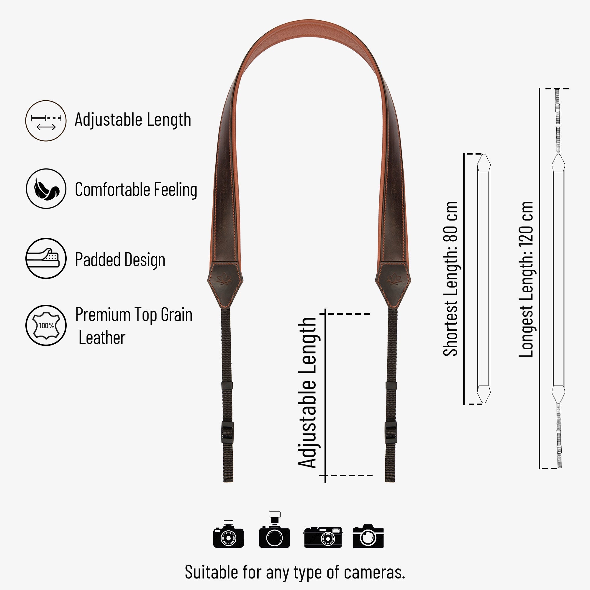 Brown Personalized Leather Camera Strap With Comfortable padded and adjustable design