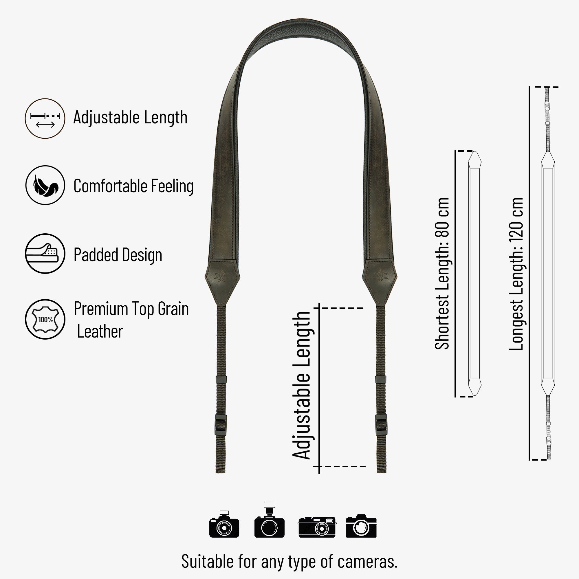 Green Personalized Leather Camera Strap With Comfortable padded and adjustable design