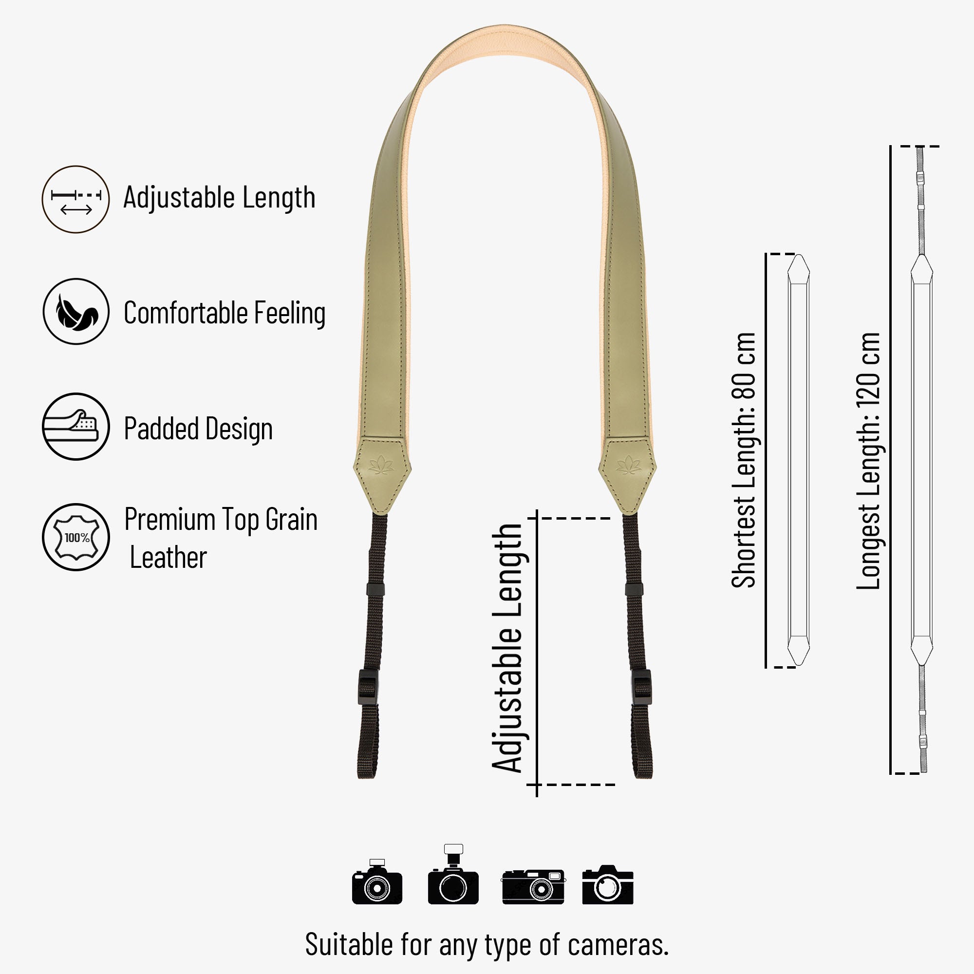 Green Personalized Leather Camera Strap With Comfortable padded and adjustable design