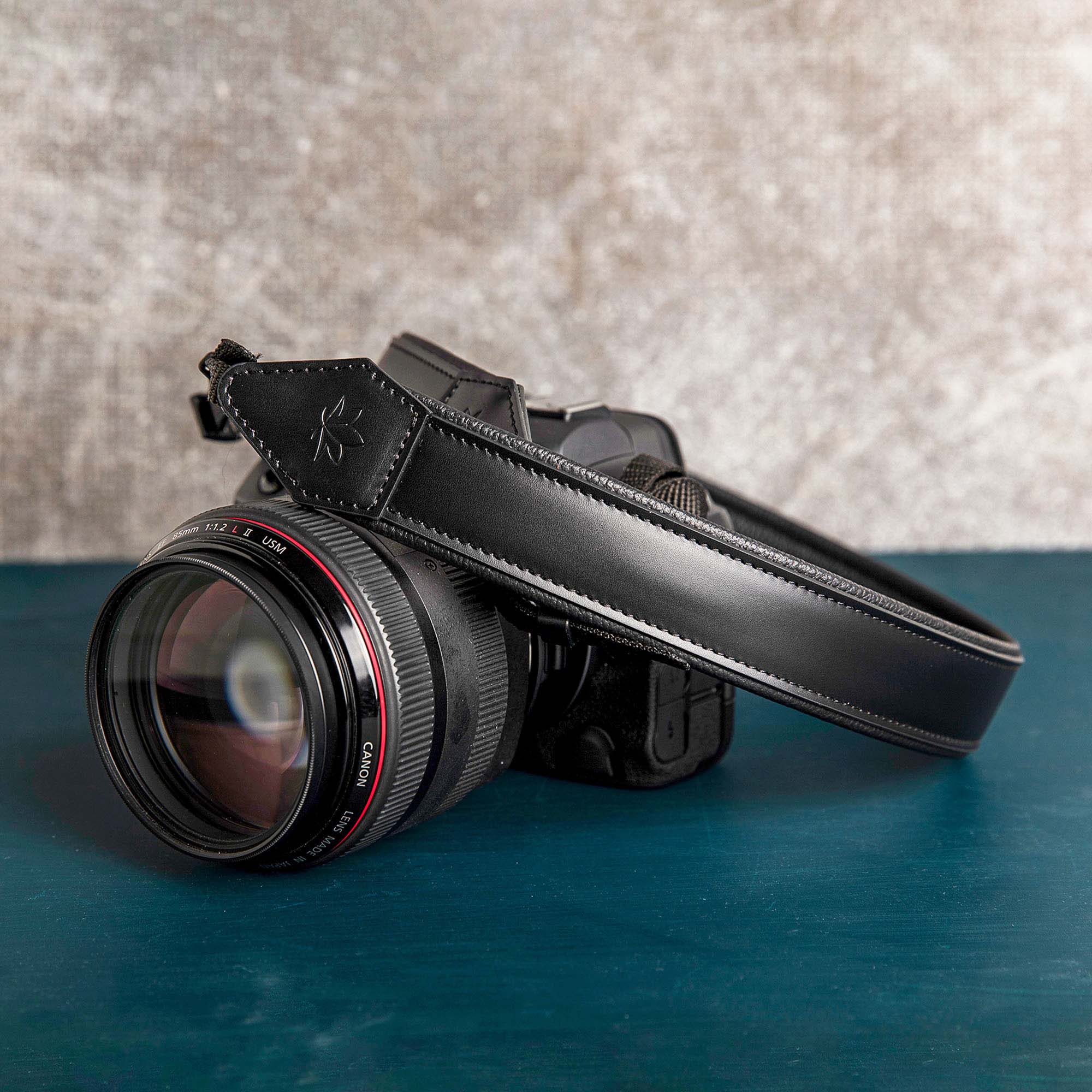 Black Personalized Padded Leather Camera Strap
