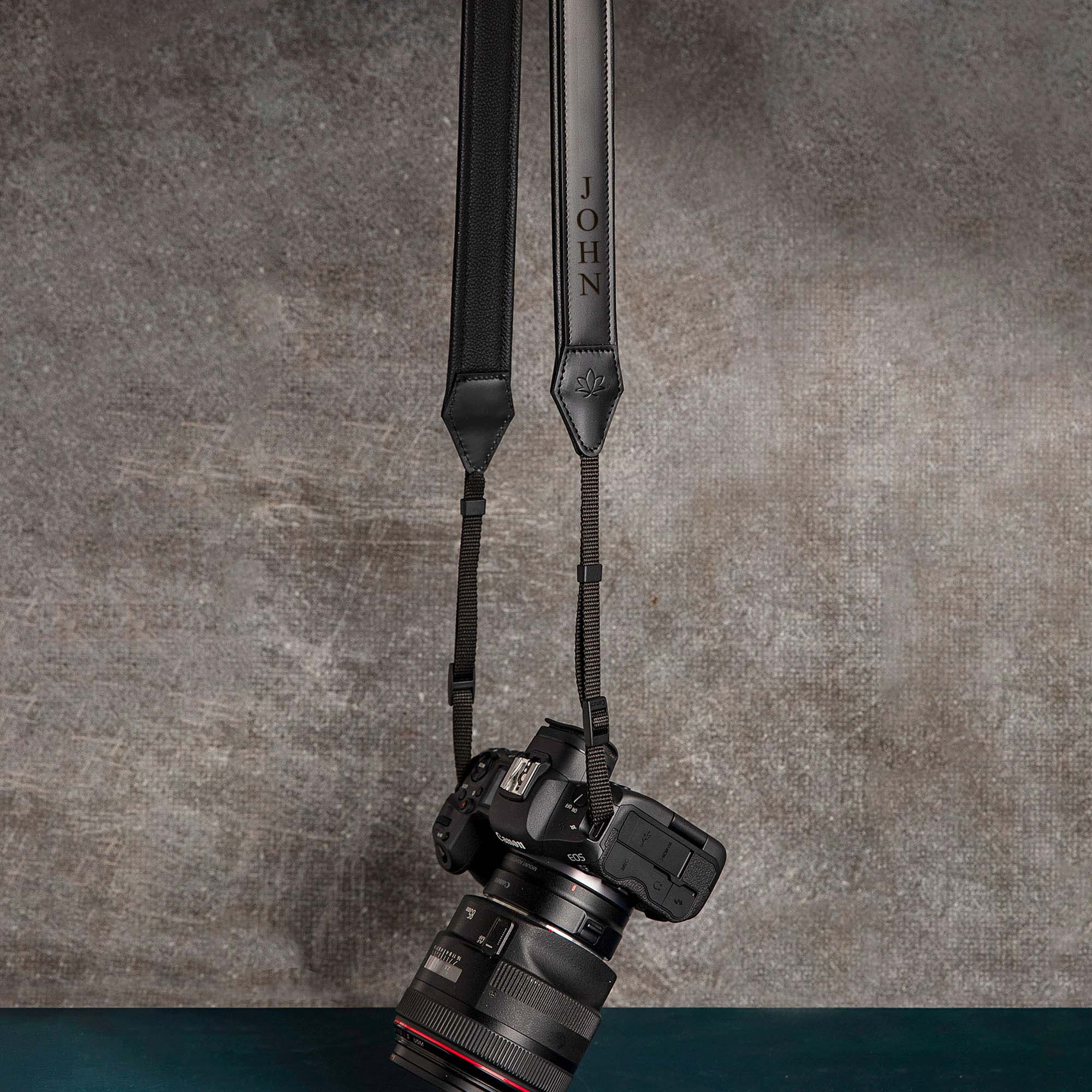 Black Personalized Padded Leather Camera Strap