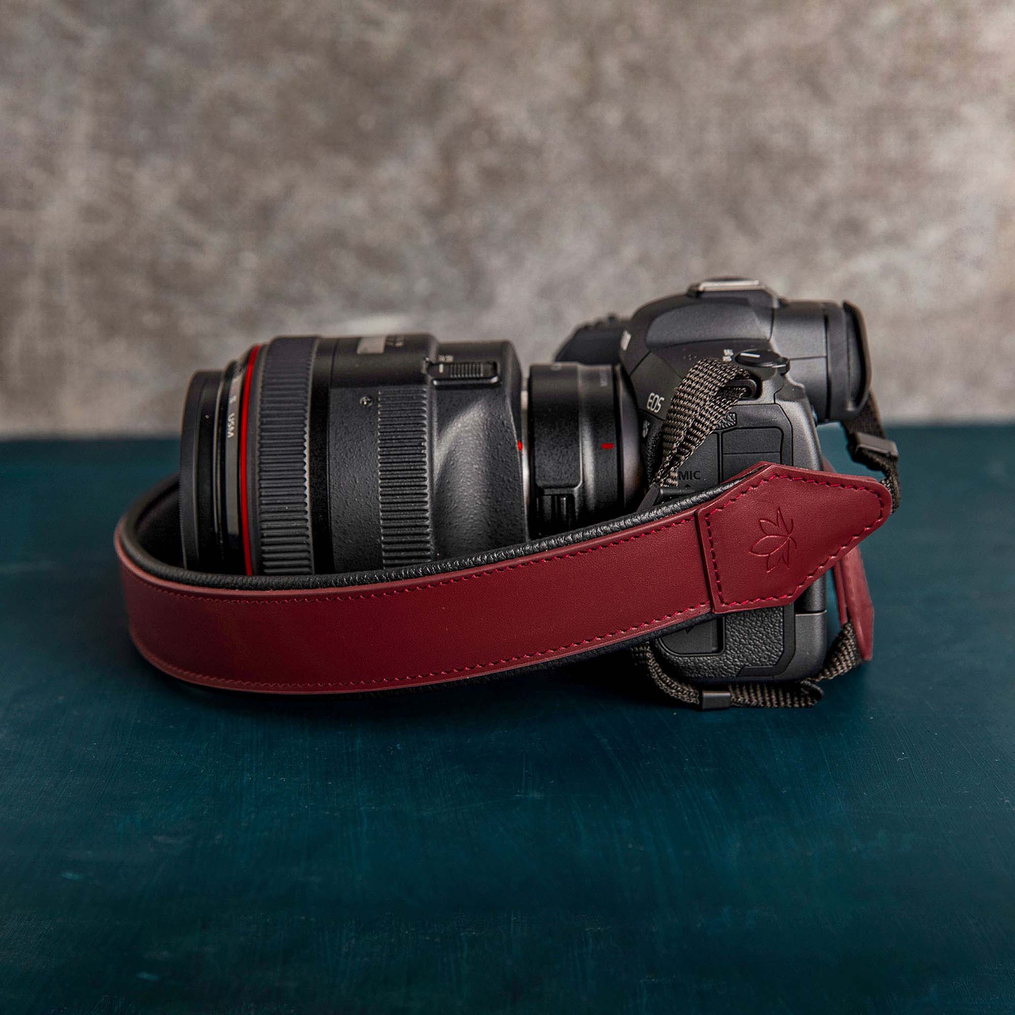 Red Personalized Padded Leather Camera Strap