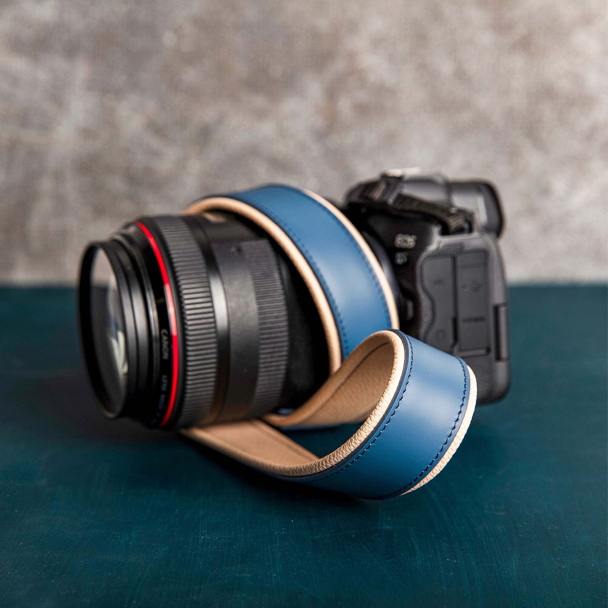 Blue Personalized Leather Camera Strap With Comfortable padded and adjustable design