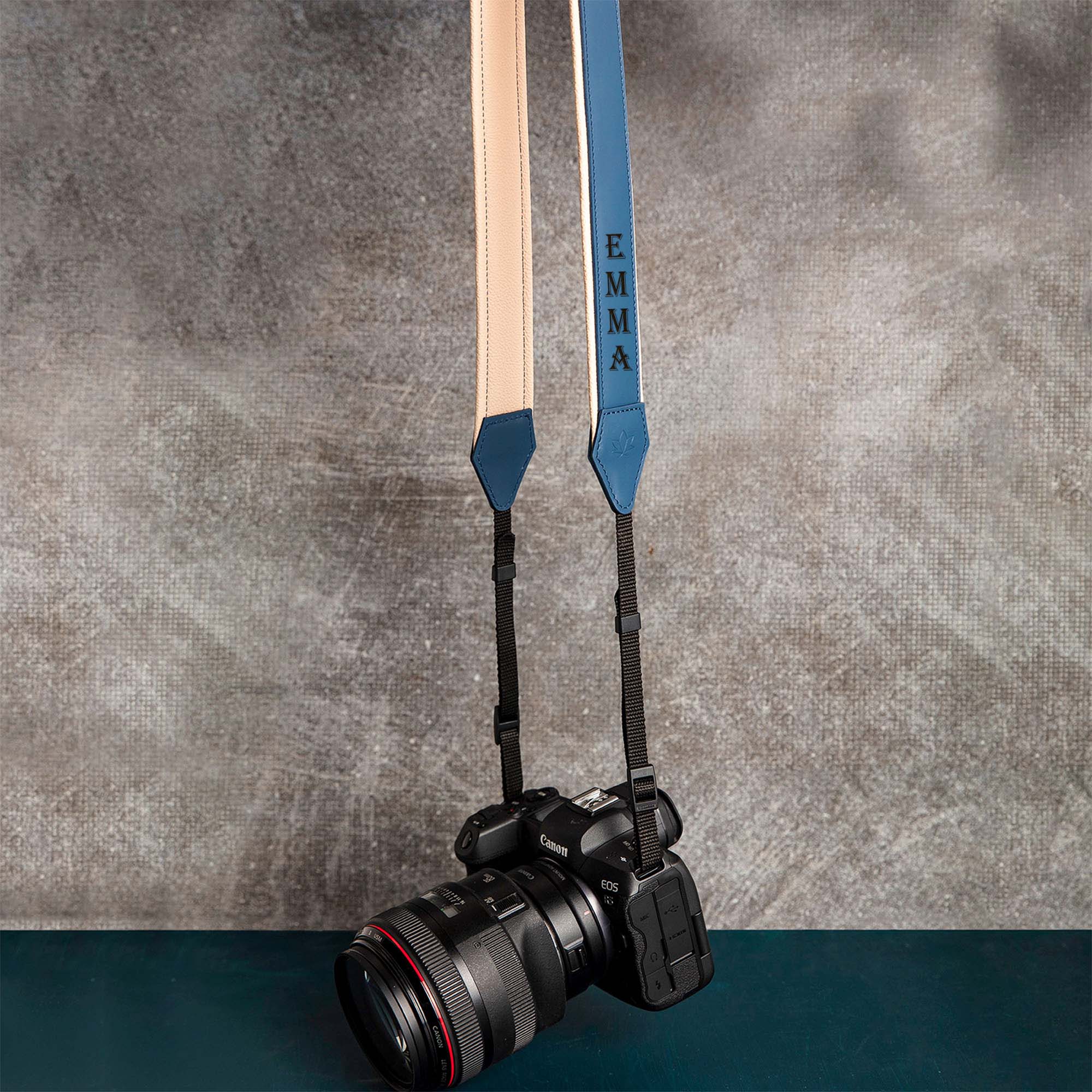 Woman using blue Personalized Leather Camera Strap With Comfortable padded and adjustable design