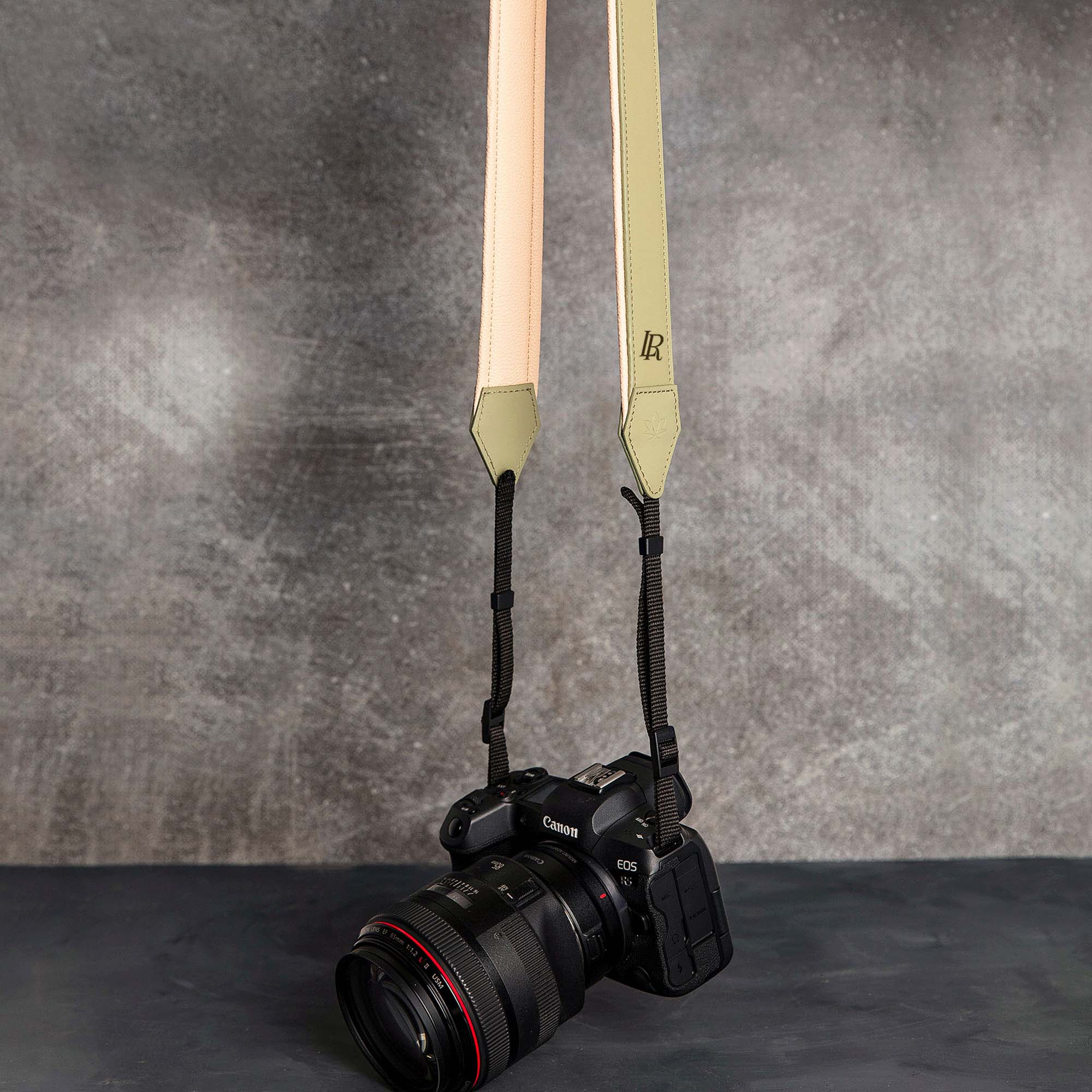 Green Personalized Leather Camera Strap With Comfortable padded and adjustable design