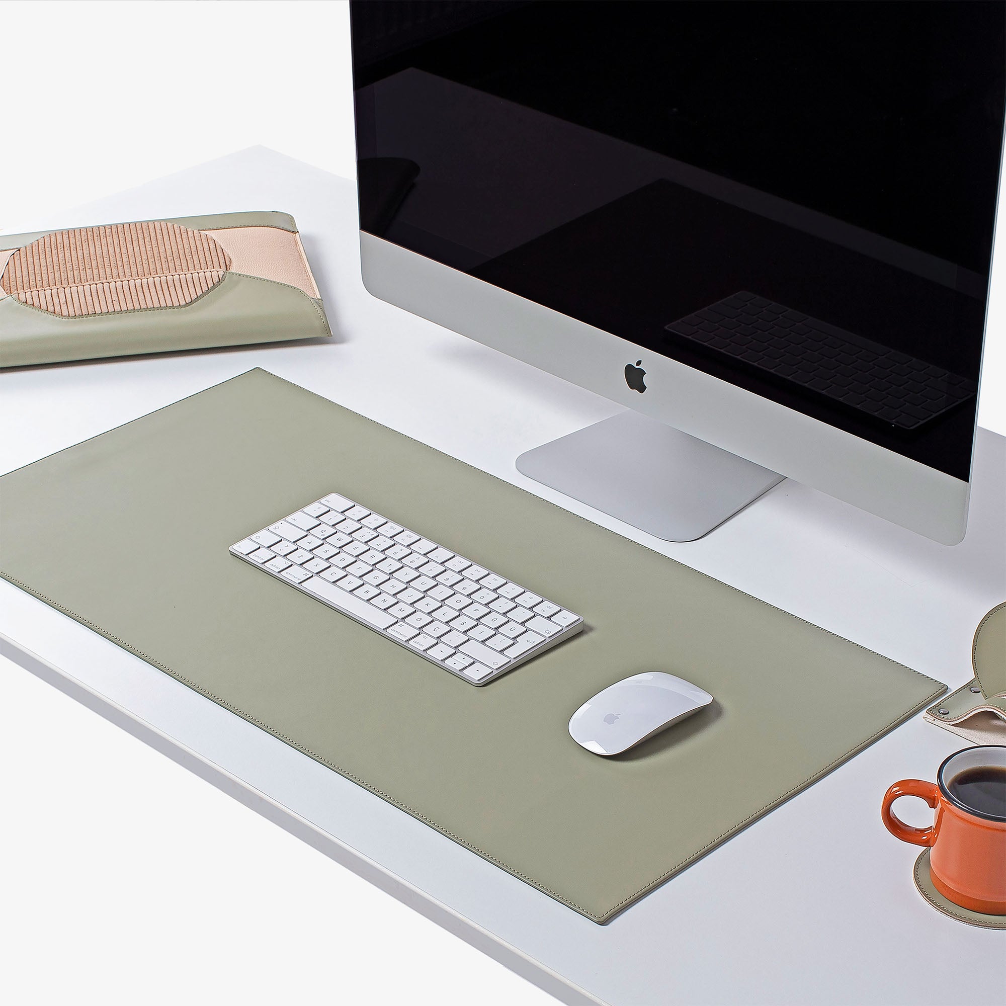 Green Leather desk mat on the desk