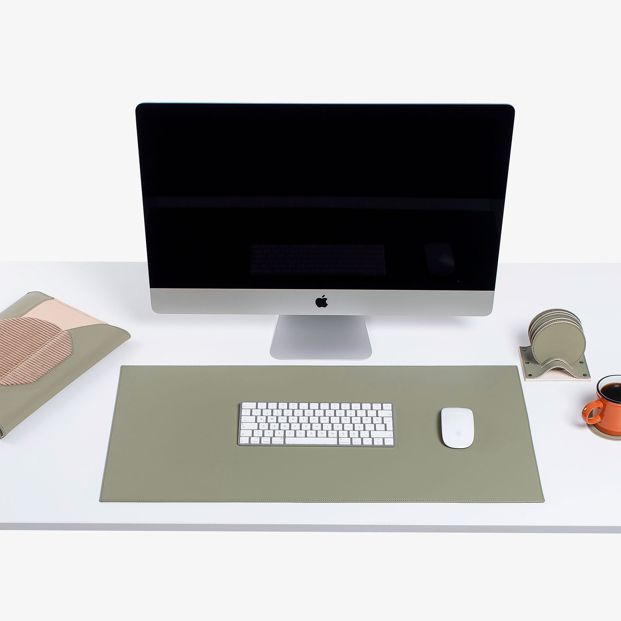 Green  Leather desk mat on the desk