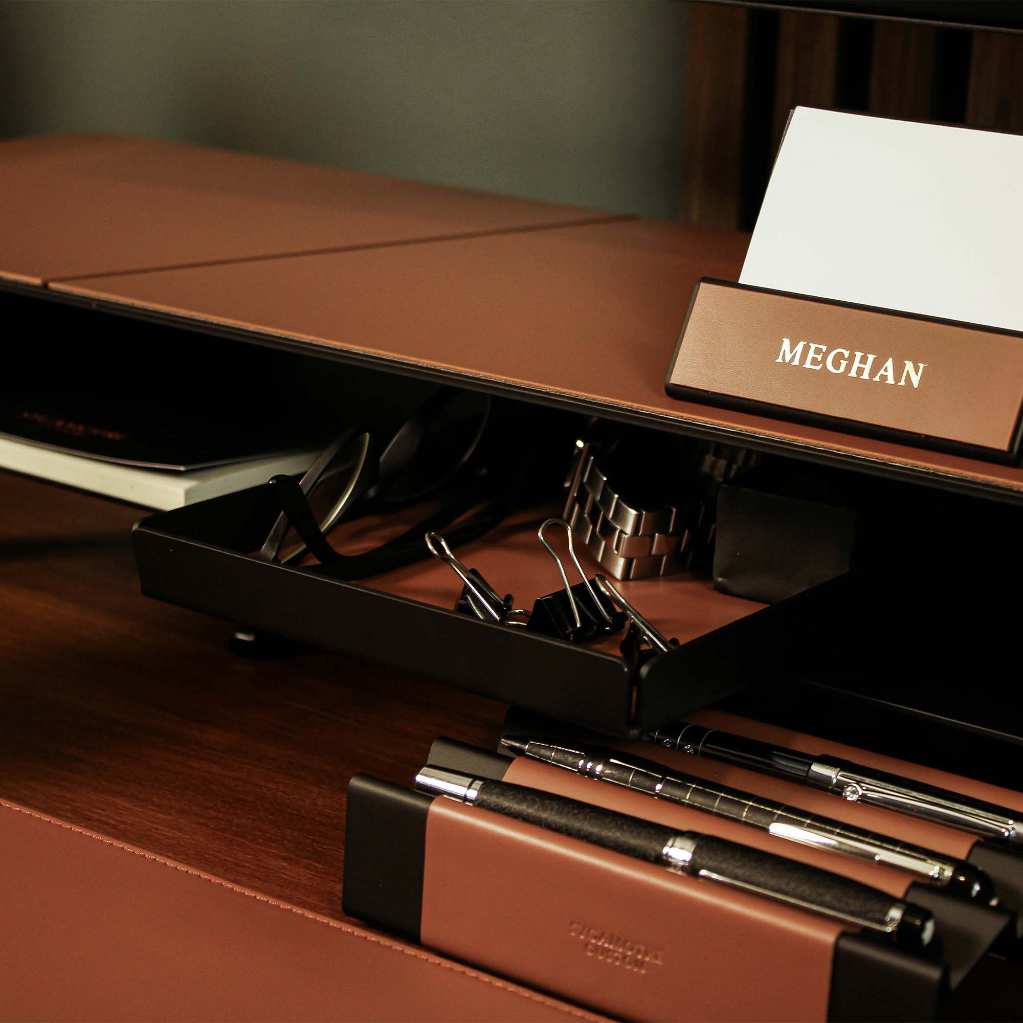 Minimalist desk setup featuring the chestnut valet tray with accessories