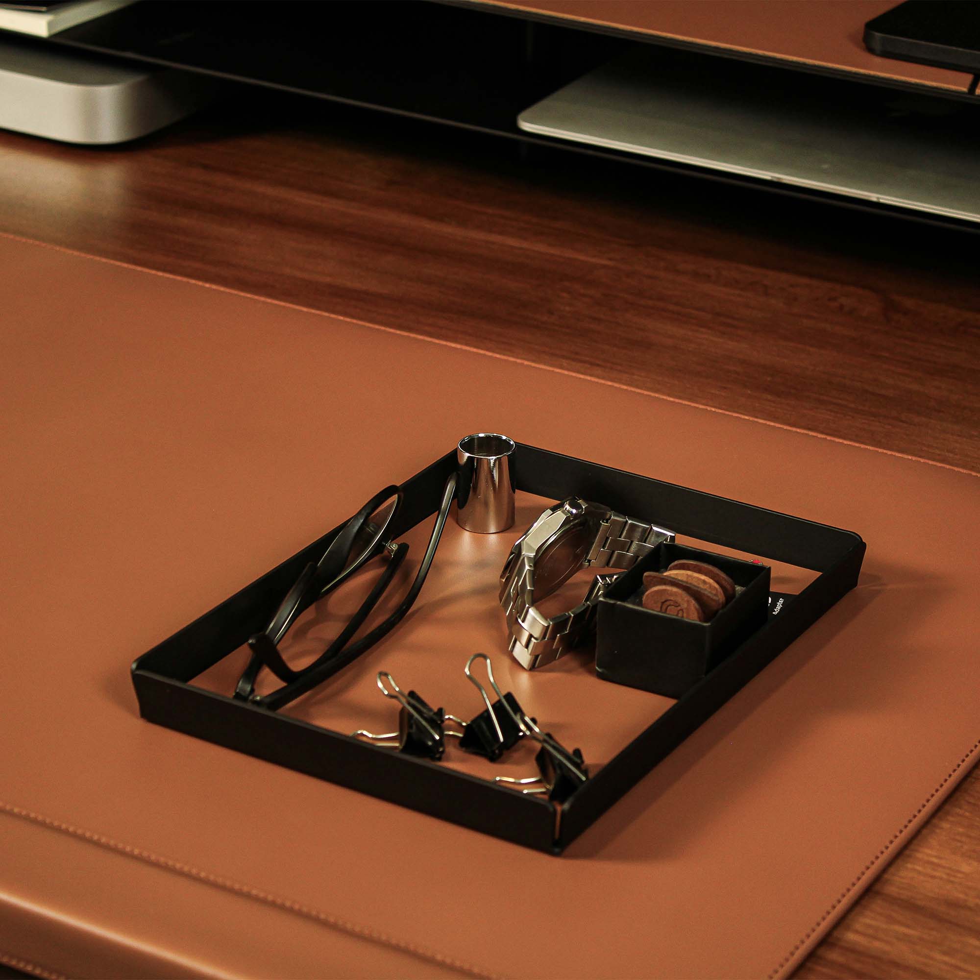 Minimalist desk setup featuring the chestnut valet tray with accessories