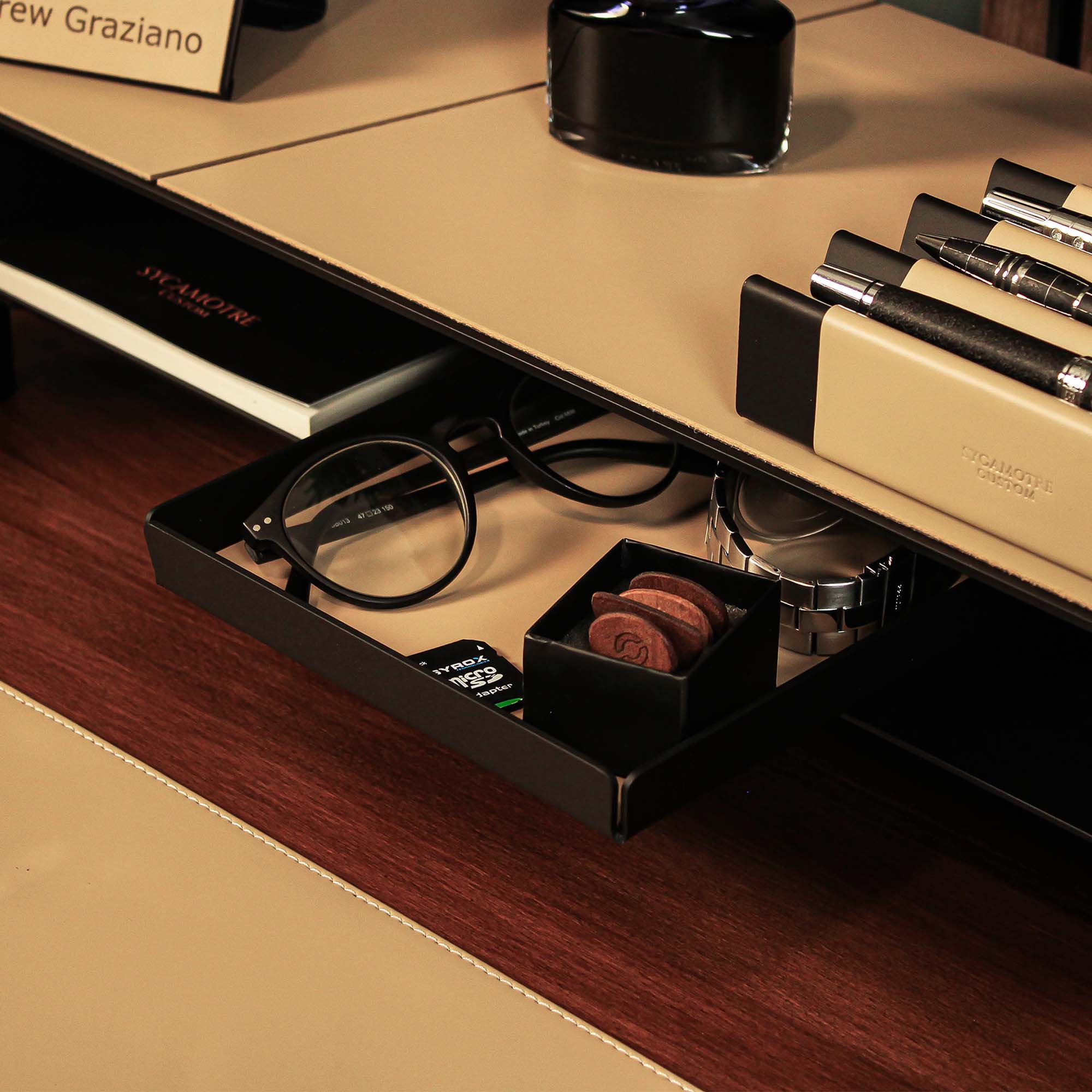 Minimalist desk setup featuring the latte valet tray with accessories