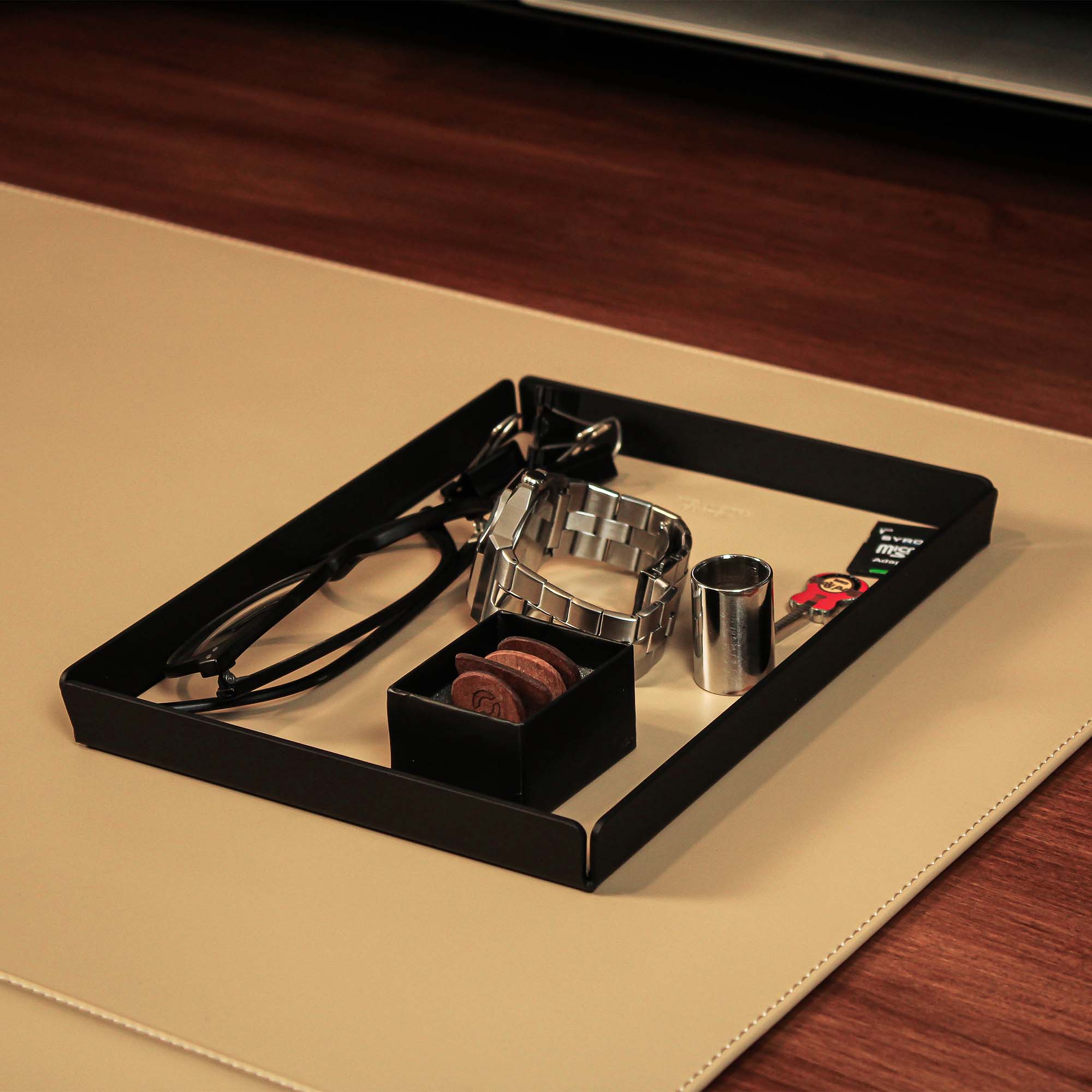 Minimalist desk setup featuring the latte valet tray with accessories