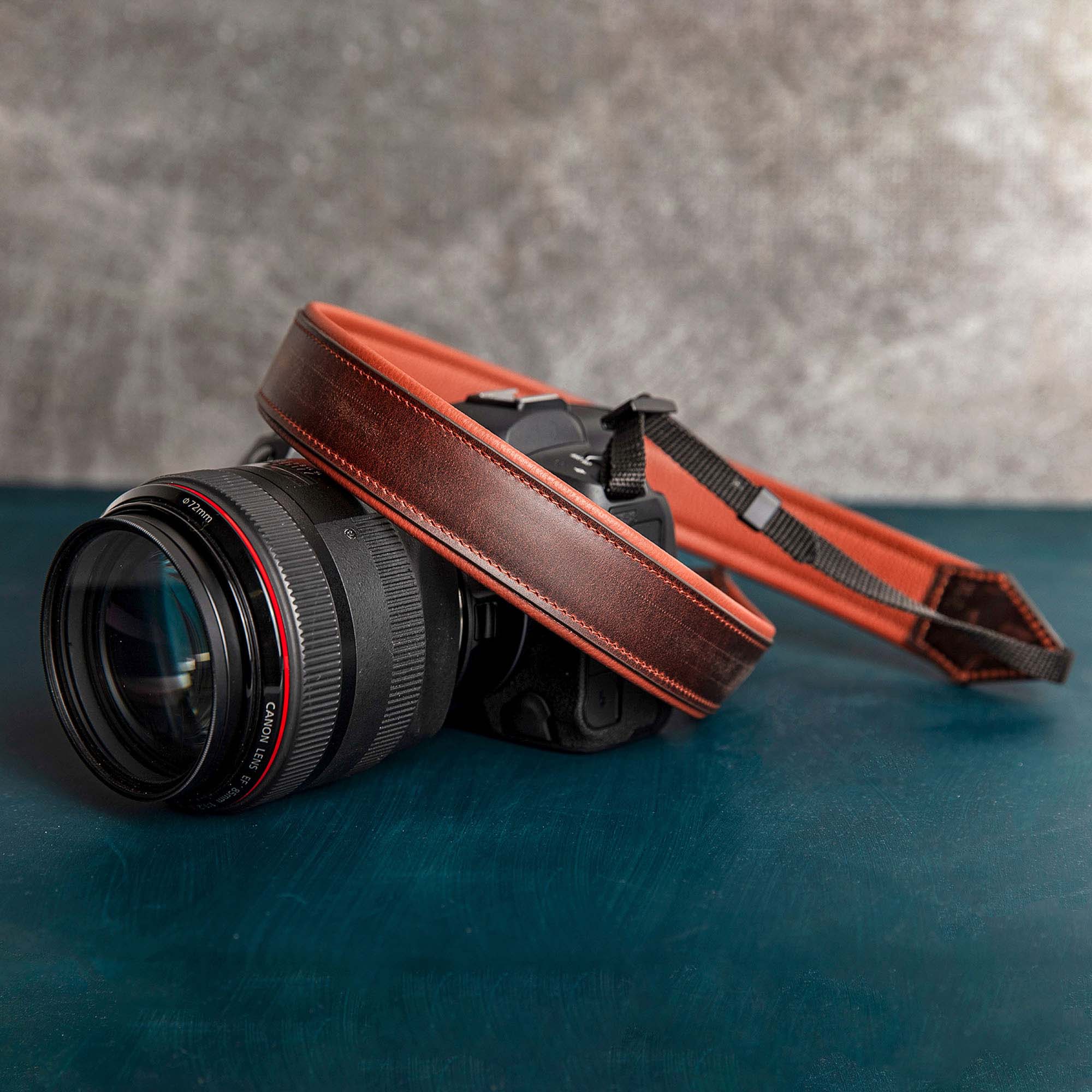 Brown Personalized Leather Camera Strap With Comfortable padded and adjustable design