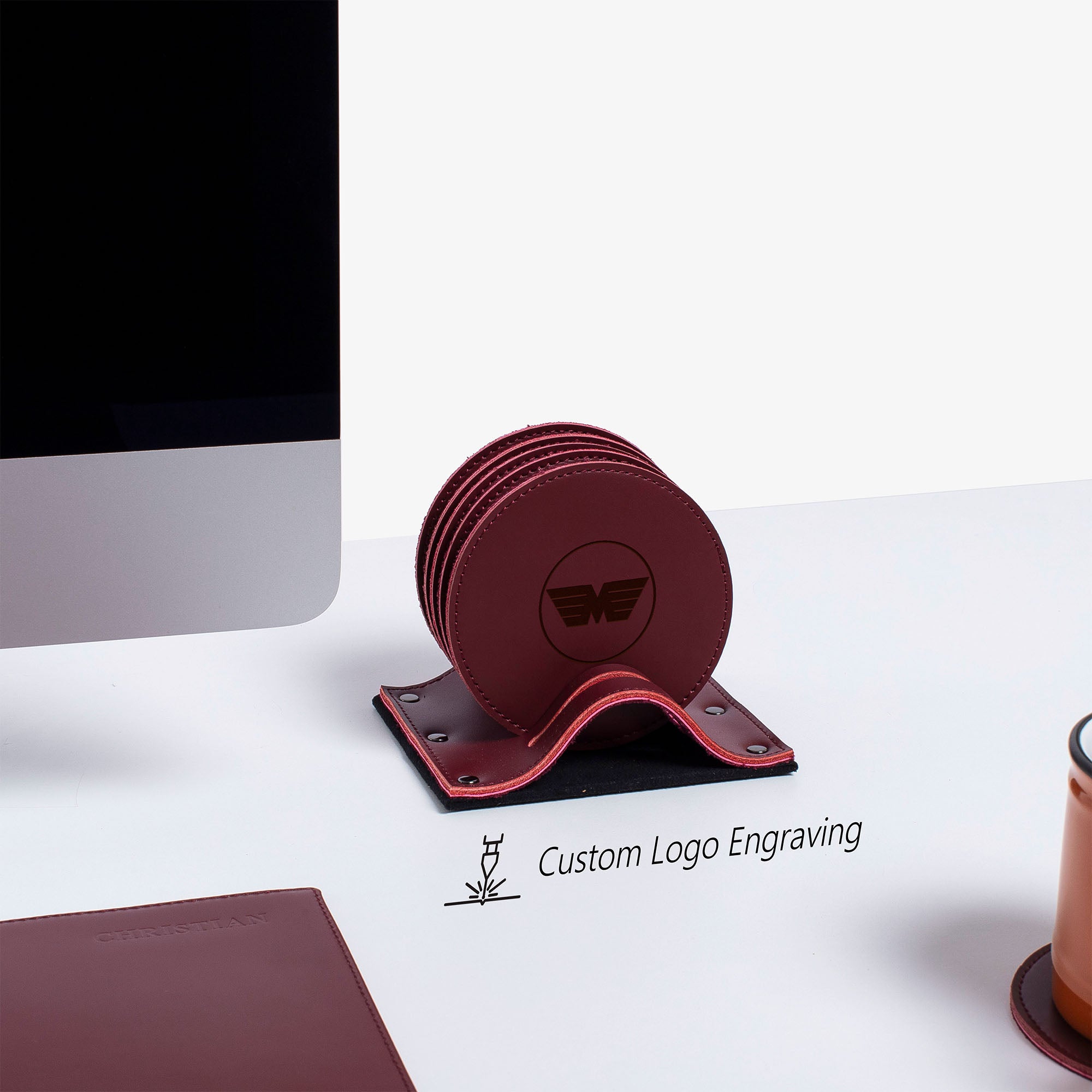 Custom logo Red Leather 6 pieces coaster set under cup