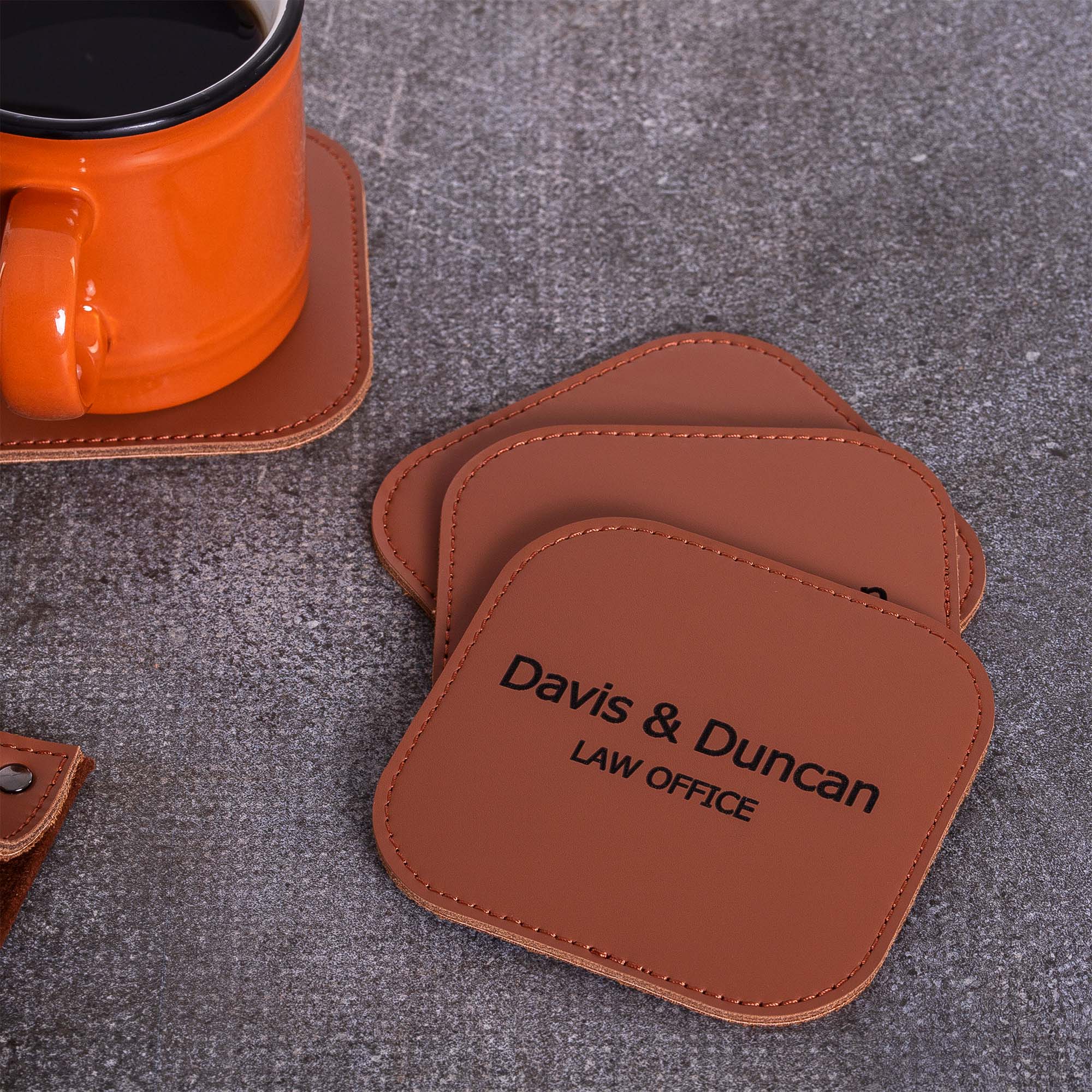 Personalized Brown Leather 6 pieces coaster set custom logo law office #color_chestnut