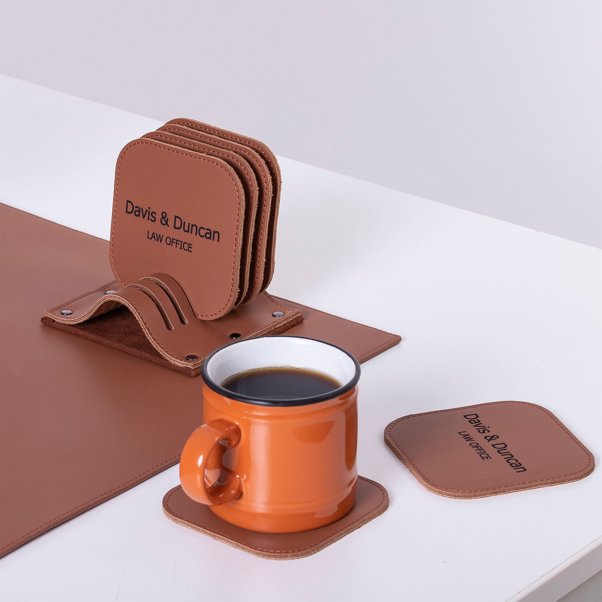 Personalized Brown Leather 6 pieces coaster set custom logo law office #color_chestnut