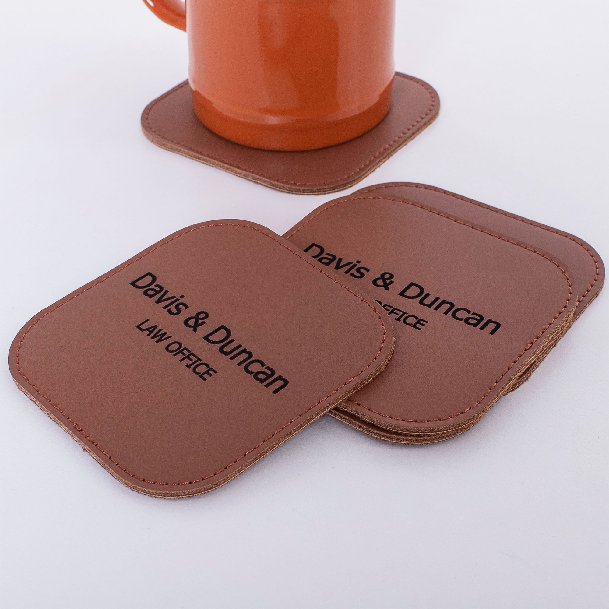 Personalized Brown Leather 6 pieces coaster set custom logo law office #color_chestnut