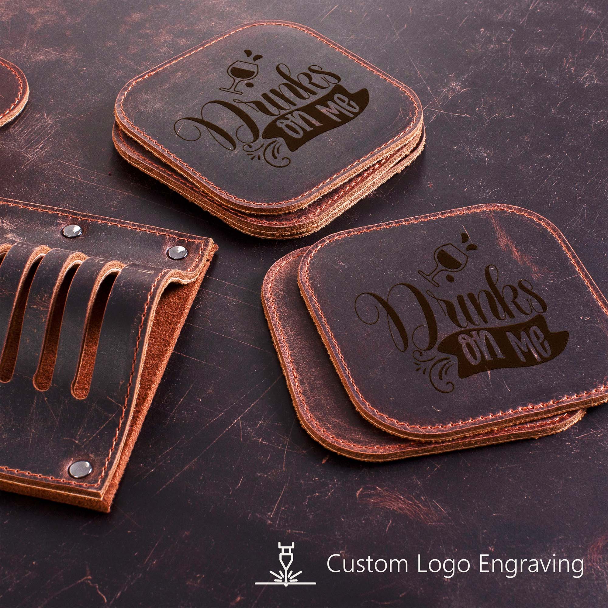 Personalized Brown distressed Leather 6 pieces coaster set custom logo for corporate office