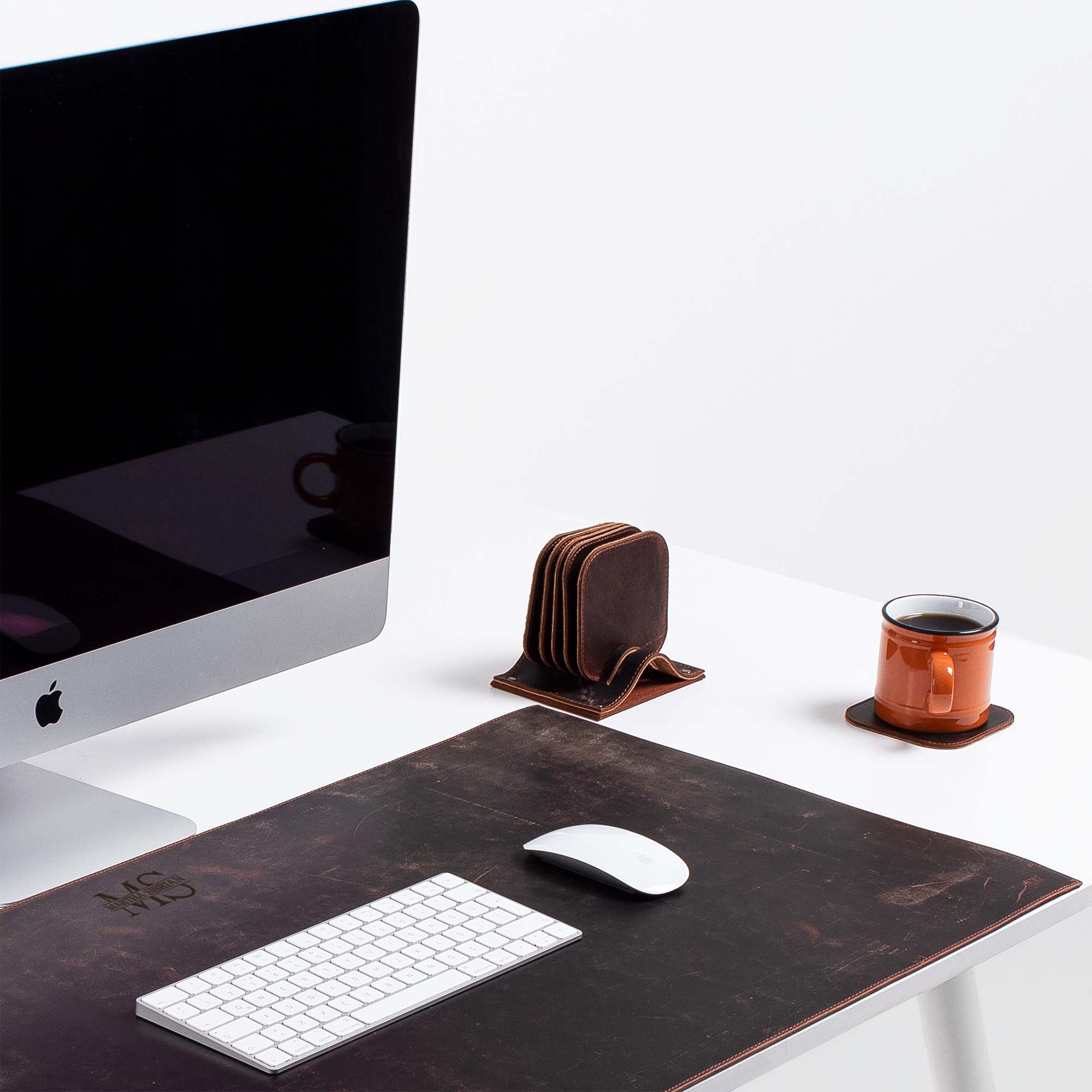 Personalized Brown distressed Leather 6 pieces coaster set custom logo for corporate office