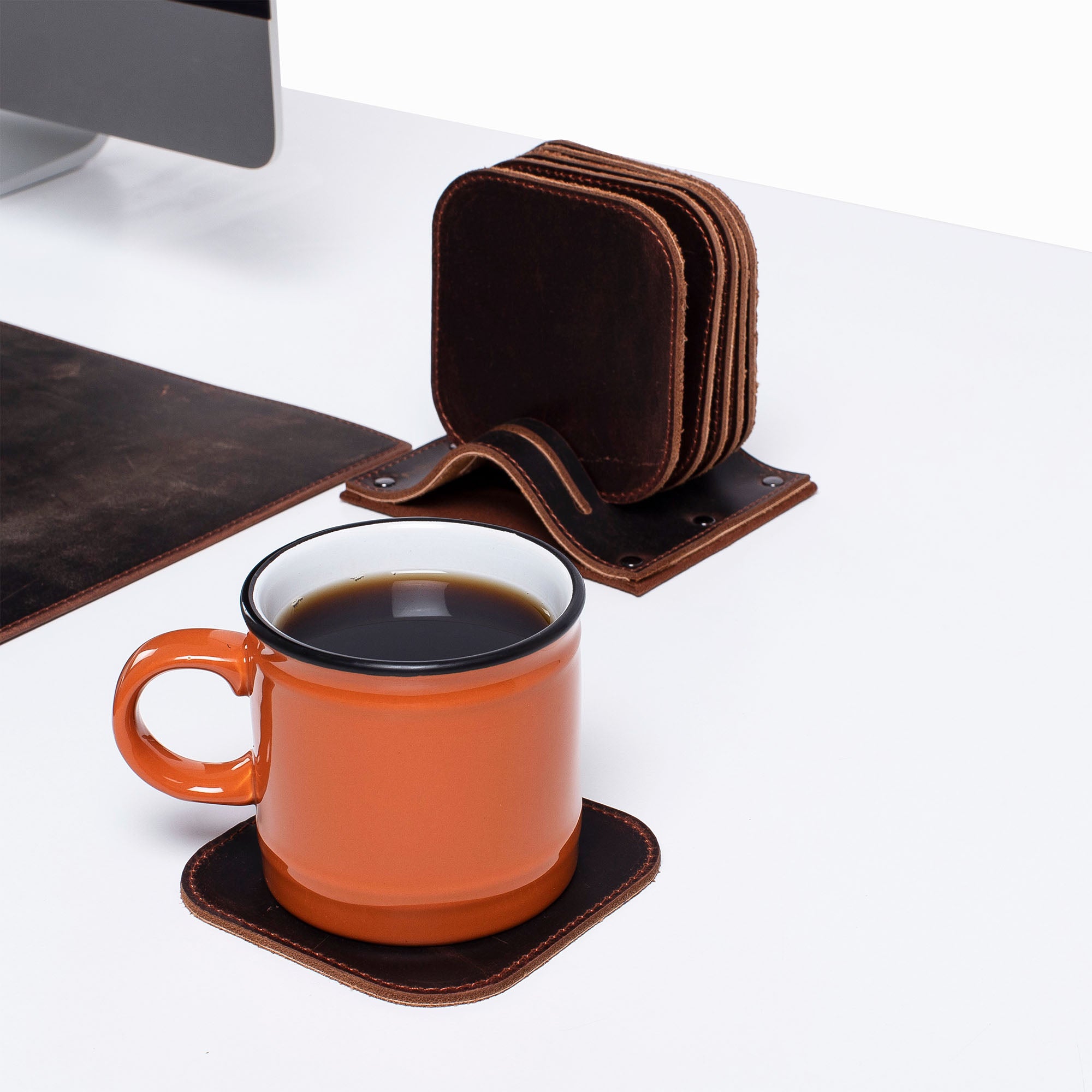 Personalized Brown distressed Leather 6 pieces coaster set custom logo for corporate office