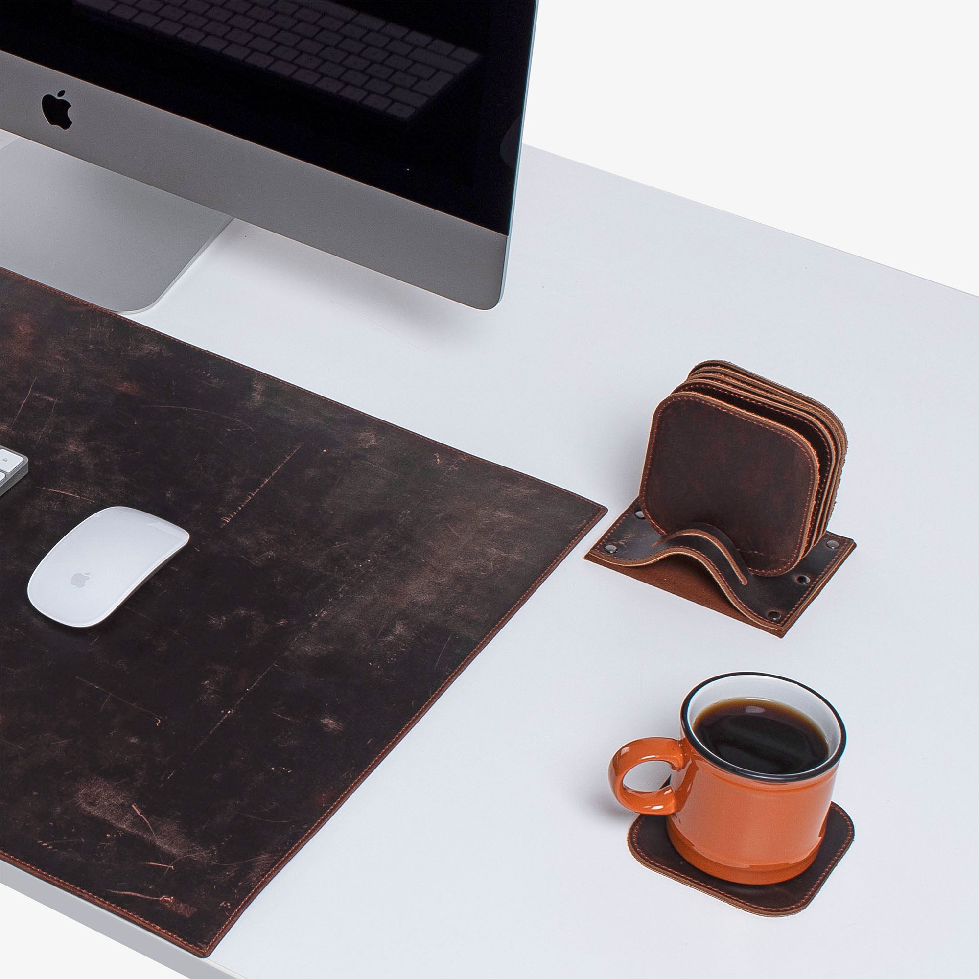 Personalized Brown distressed Leather 6 pieces coaster set custom logo for corporate office