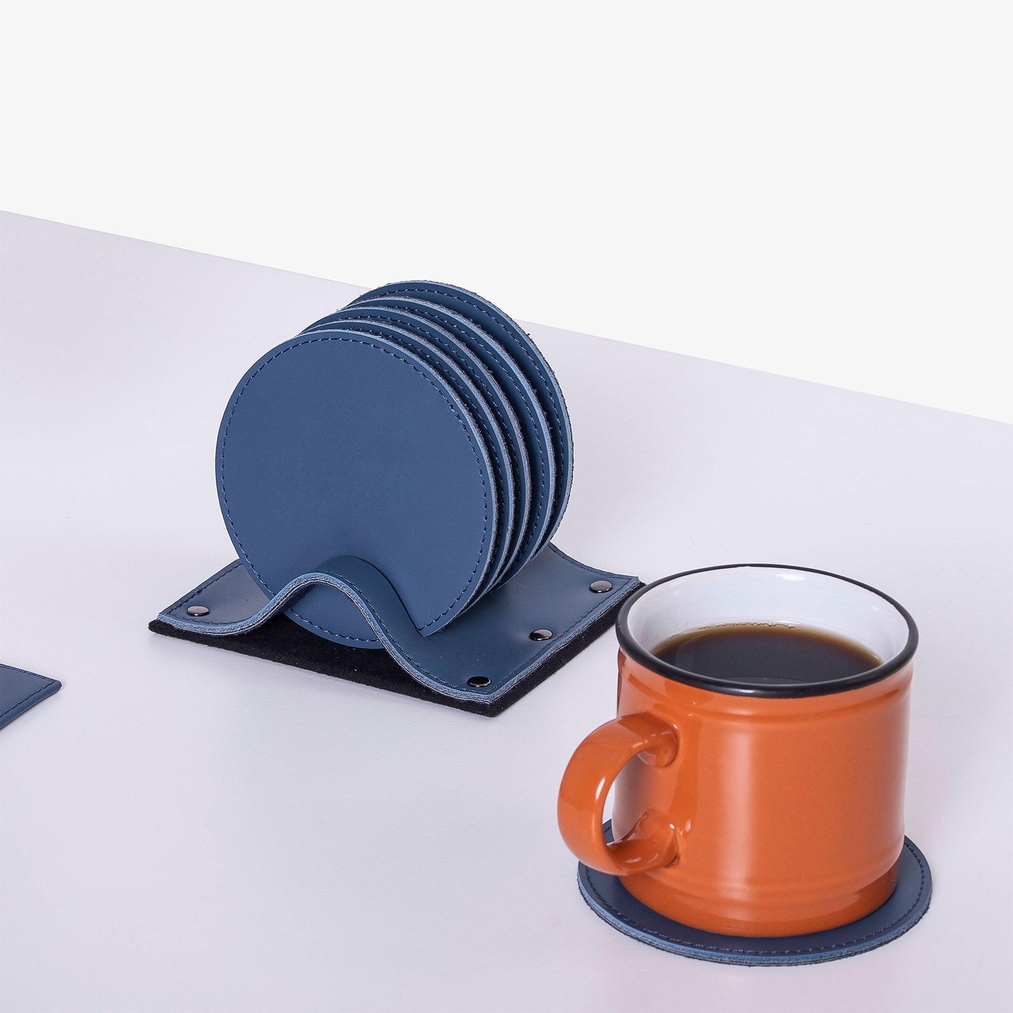 Personalized blue Leather 6 pieces coaster set custom logo for home office  #color_ocean-blue