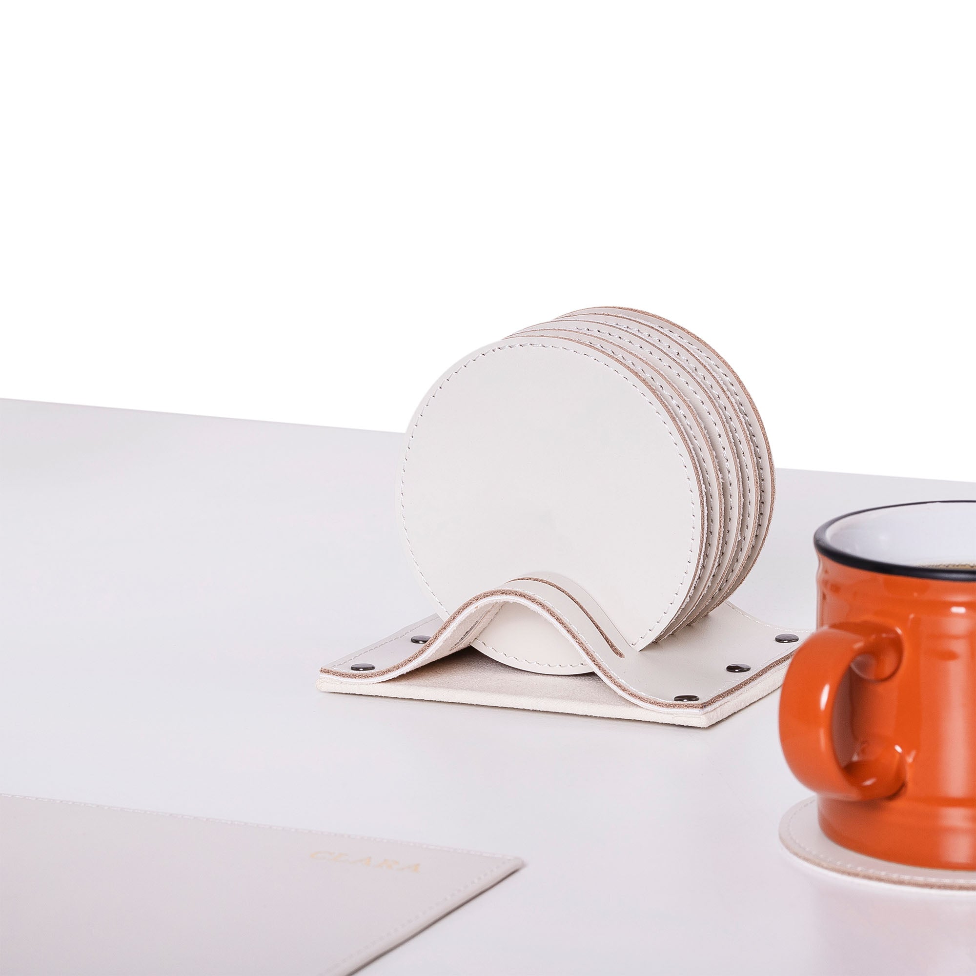 Personalized white Leather 6 pieces coaster set custom logo for home decor #color_off-white