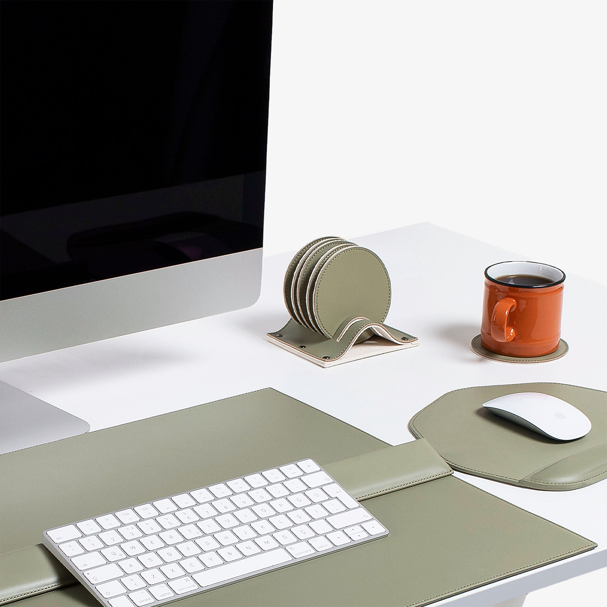 Personalized green Leather 6 pieces coaster set custom logo for office decor #color_sage-green