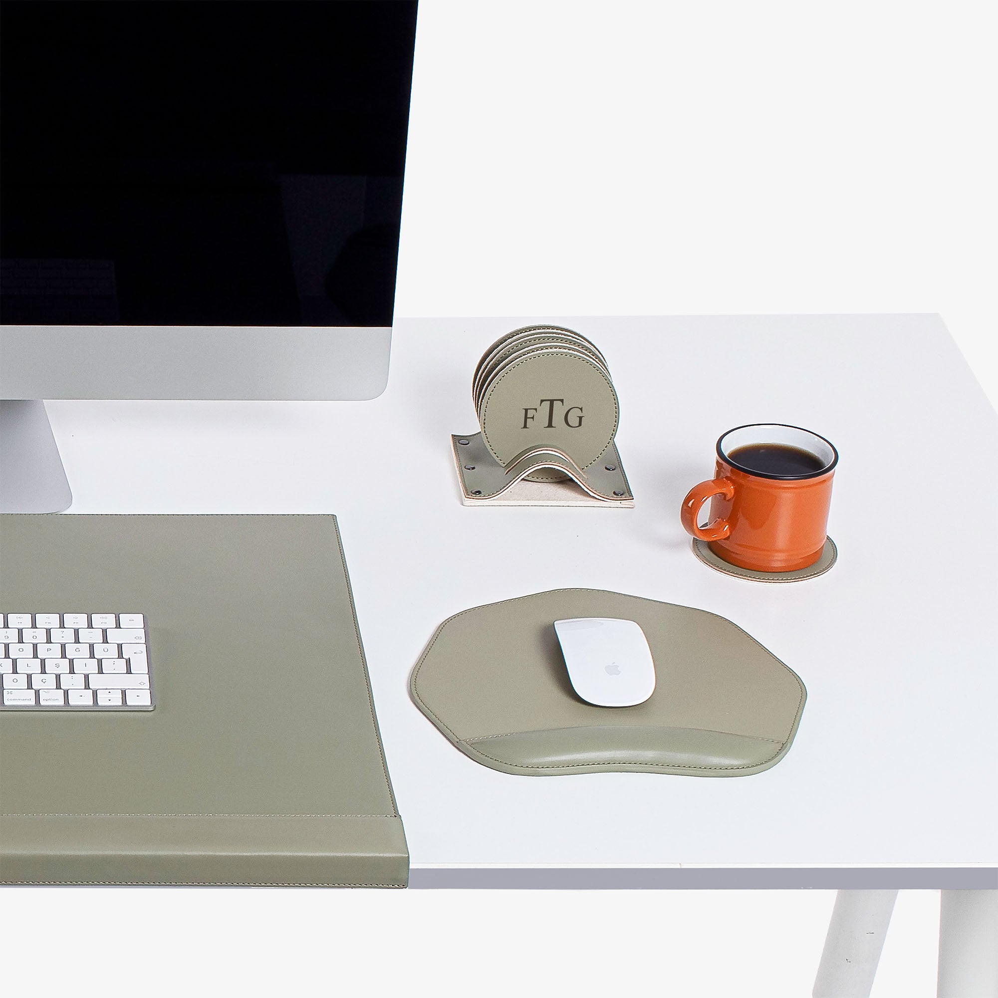 Personalized green Leather 6 pieces coaster set custom logo for office decor #color_sage-green