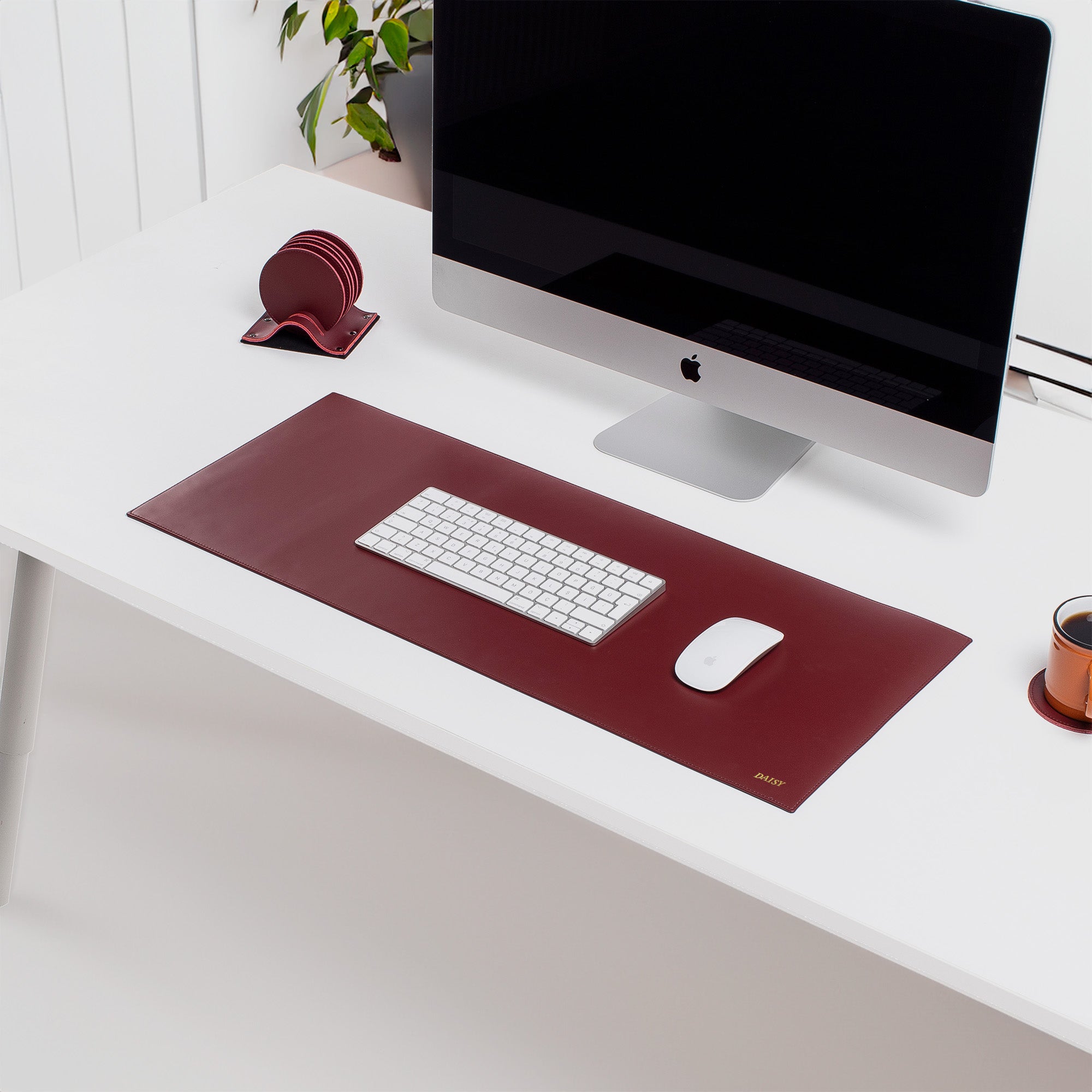 Red Leather desk mat on the desk